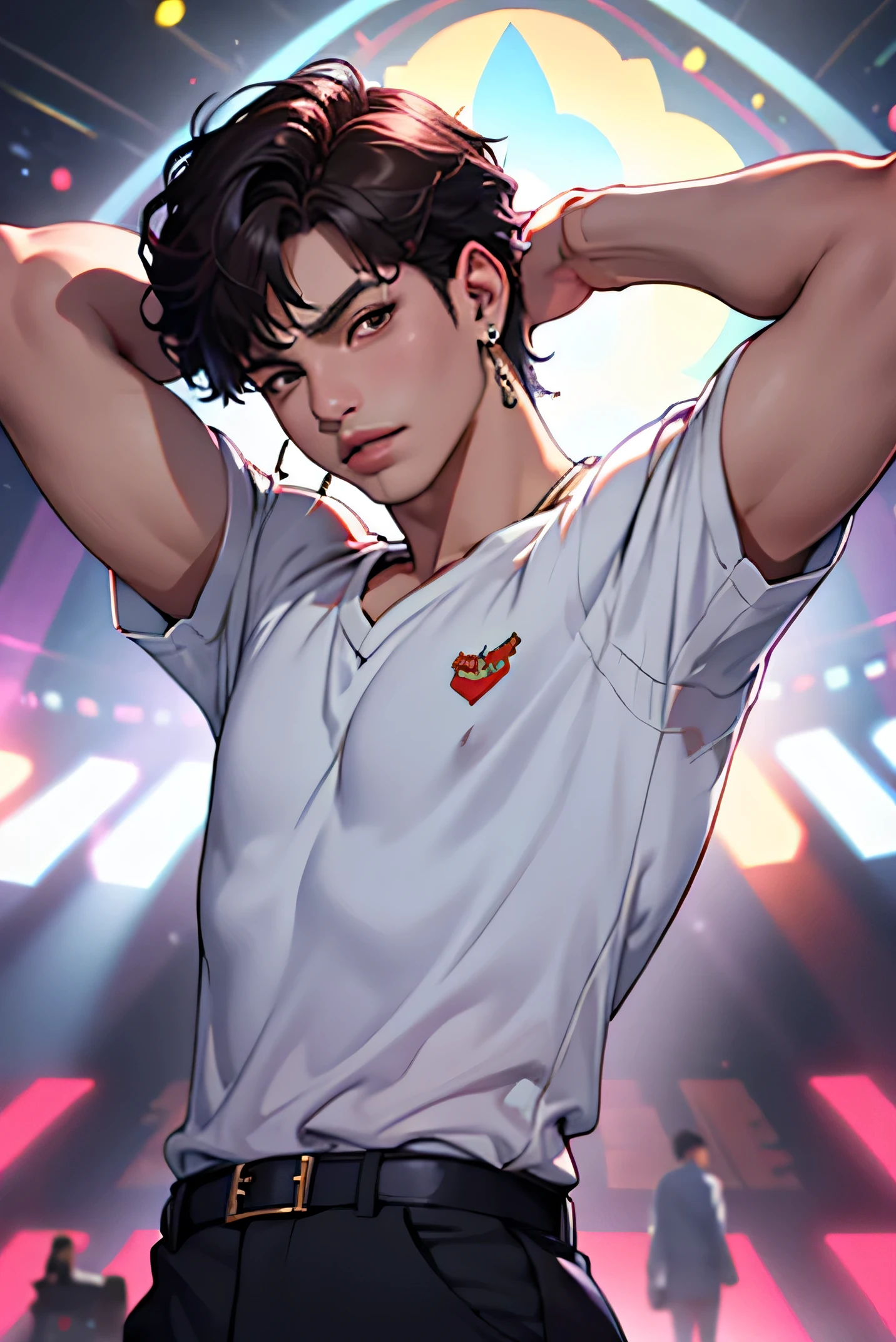 um rapaz de 18 anos, jungkook from bts, freddie mercury, with the right arm raised, utiliza uma camisa branca sem mangas