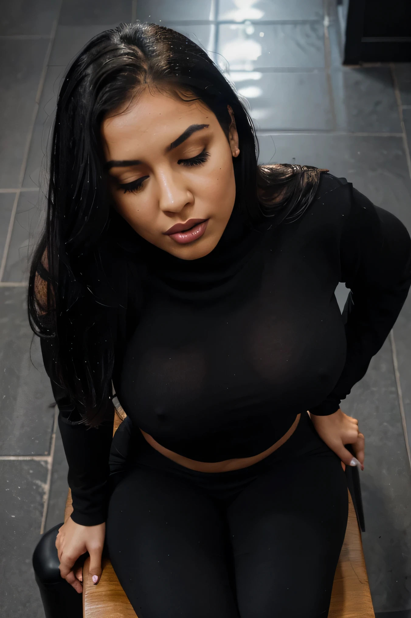 Arabic Woman, beautiful, sexy girl, ultra realistic, young woman, very large bust, large ass, big bouncy ass, busty, very sexy, Alluring, Tempting, Moody street setting, high camera angle, Dramatic portrait style, skinny curvy, very big bust, huge breasts, Egyptian girl, long hair down to waist, eyes closed shut, darker skin, black nail polish, hour glass figure, facing viewer, coal black eye shadow, small waist, DARK SKIN, woman, very long hair length, pleasure expression, short torso, pleasure facial expression, mouth open wide, dark black eyeliner, mascara, eyelids black, black shirt wet, long shiny straight black hair, short woman, short upper body, Egyptian arab, outside in street at night, night time, moonlight fully clothed, raining, wet floor, street lights, facing viewer, high viewing angle, women looking up at viewer, view from above, raining, looking down at woman, short woman, black leggings, tall viewer, tight black turtle neck with Nike logo, full body view from above, facing viewer, woman looking up, fully clothed, thick thighs, plump lips, 5ft tall woman, short woman, top down view, looking down at woman, eyes closed, thin waist and massive natural sagging breasts, (Top View: 1.3), woman facing viewer, big soft ass, Egyptian, beautiful Arabic woman, slender face, amazing cheek bones, raining, wet skin, (top view: 1.3), really big soft round breasts, huge natural tits, short curvacious, short vuluptuous woman, looking up towards viewer, 5ft tall short woman, black cotton leggings, black hoodie zipped up, sitting on chair, wide hips, , long straight shiny black hair, 5 foot tall short curvy woman