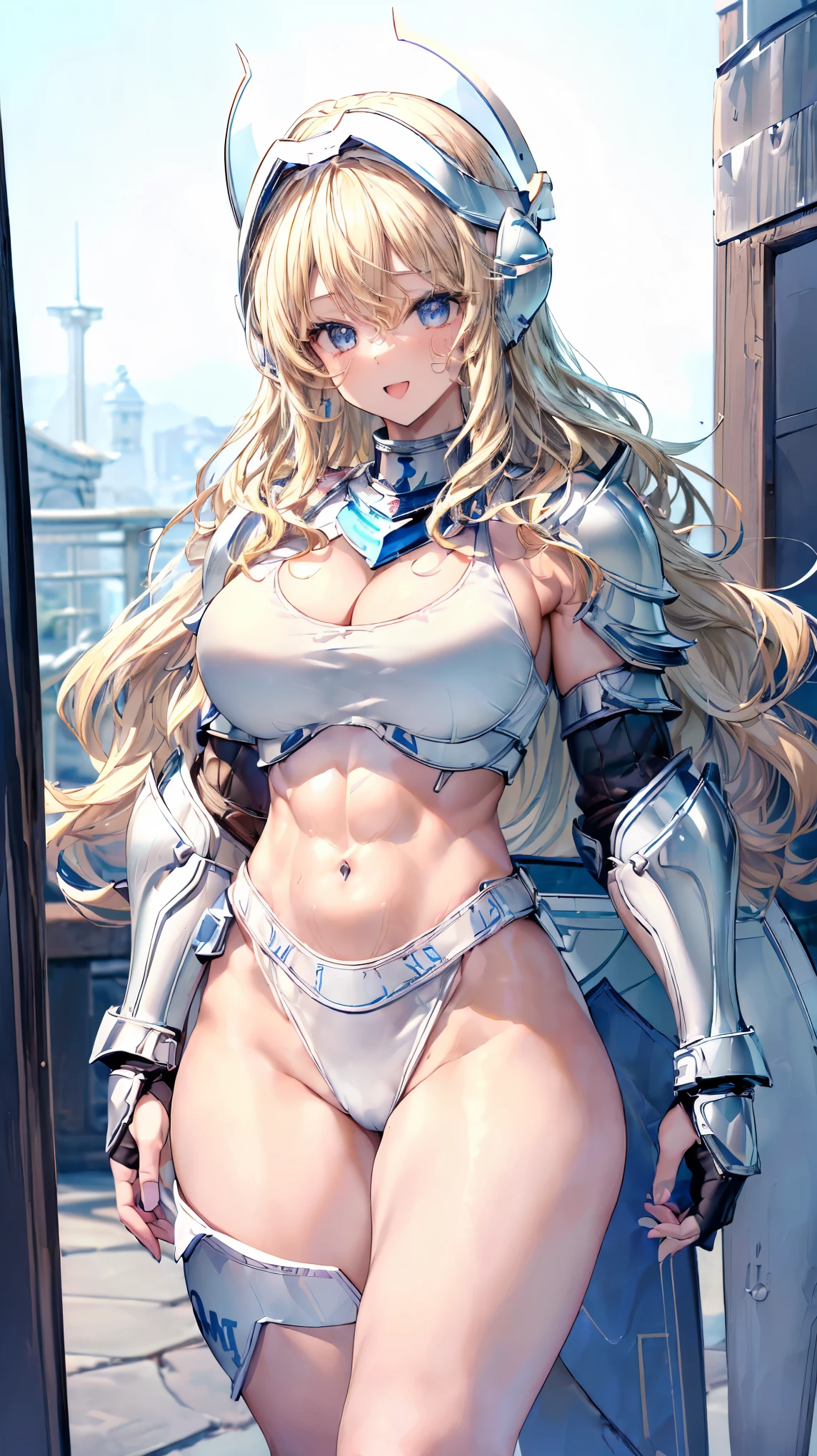 (Adult women:1.5)、Very detailed、highest quality、Best image quality、masterpiece、8k、Anime Face、A kind smile、(Open your mouth:1.3)、Sparkling blue eyes、(Blonde Wavy Hair:1.5)、、Muscles of the whole body、(High leg:1.5)、Thigh belt、(Wearing white bikini armor:1.5)、(Cowboy Shot:1.5)、(Leg armor:1.5)、(Wearing a helmet:1.5)、SFW Giant