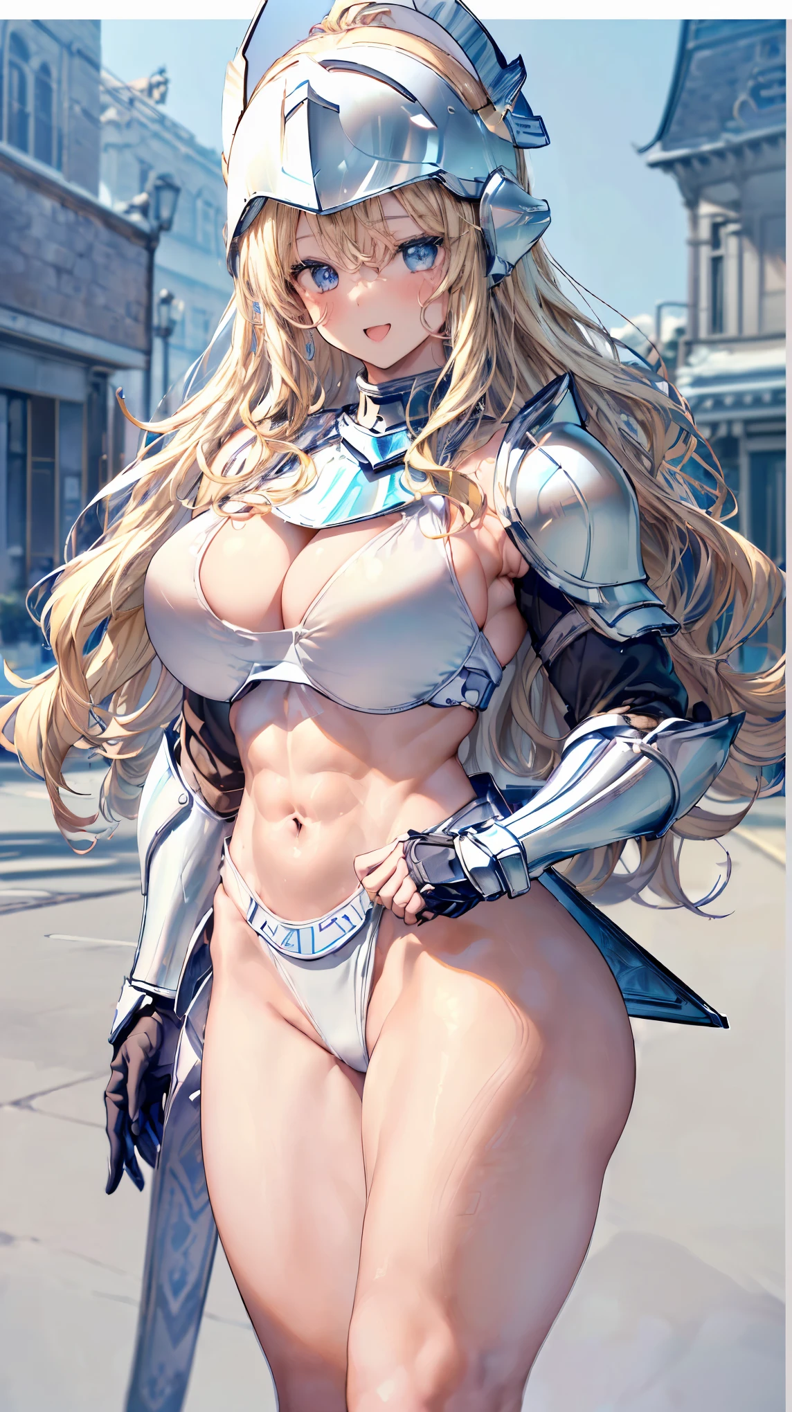 (Adult women:1.5)、Very detailed、highest quality、Best image quality、masterpiece、8k、Anime Face、A kind smile、(Open your mouth:1.parkling blue eyes、(Blonde Wavy Hair:1.5)、、Muscles of the whole body、(High leg:1.5)、Thigh belt、(Wearing white bikini armor:1.5)、(Cowboy Shot:1.5)、(Leg armor:1.5)、(Wearing a helmet:1.5)、Siant
