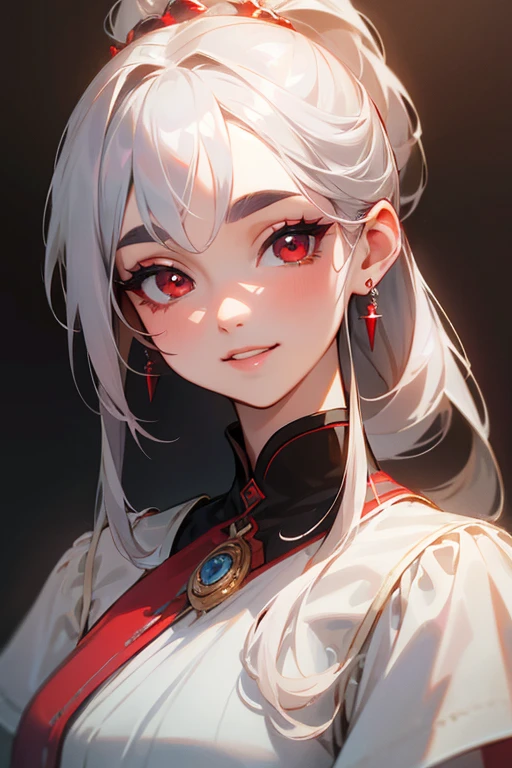 (highest quality, masterpiece:1.2), High resolution, Very detailed, Realistic:1.37, Fantasy, An illustration,Gray Hair、 Red eyes、Queen, White Dress、Platinum decoration、beautifully、Eyeshadow Red、Thick eyebrows、Long eyelashes、pupils are black、shiny on the lips、Top Sites、Queen、Princess、ponytail、A kind smile、Show your teeth a little and smile、Soft impression、people々々々々々々々々Loved by、Slimming the face、Shoulder Bare、sexy、