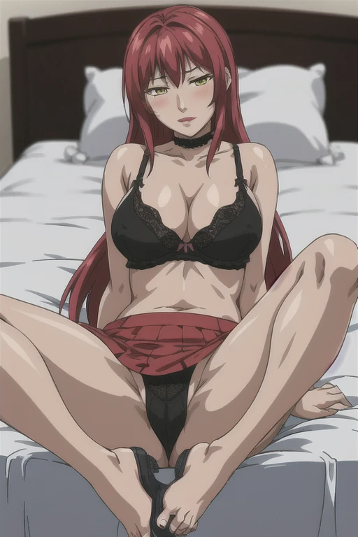 masterpiece, best quality, highres, 1 girls, black lace bra, micro ruffle skirt, bedroom, full body shot, (smug:0.3), looking at viewer, focus solo, sexy pose, mature, flip flops, detailed feet, busty, cleavage, redhead, seductive, dangling shoes, red eyeshadow, glossy lips, black choker, long hair, laying in bed, complete body, seducing, yellow eyes, blush, sexy legs, honey skin tone,