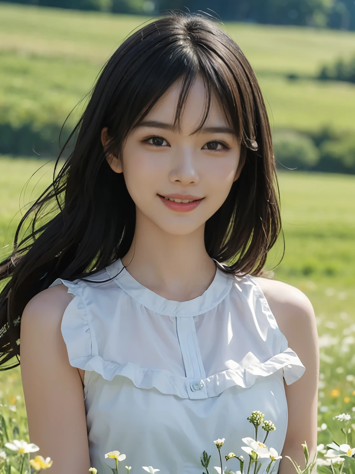(ultra realistic), (best illustration), (increase resolution), (8K), (masterpiece), (wallpaper), solo, 1 girl, looking at viewers, black straight hair, pureerosfaceace_v1, happy smile, colorful dress, meadow