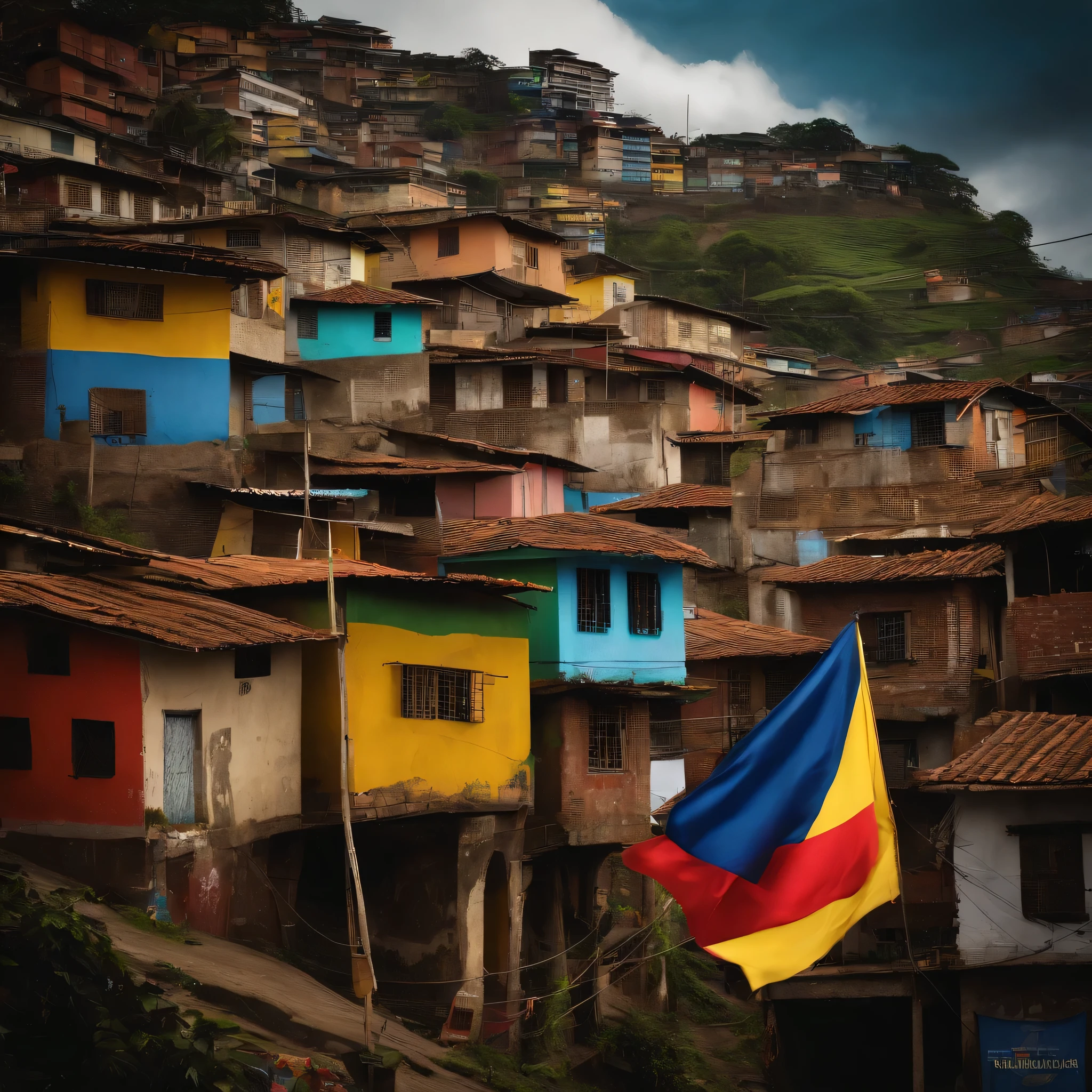 Colombian favela with the flag and shield of Colombia 