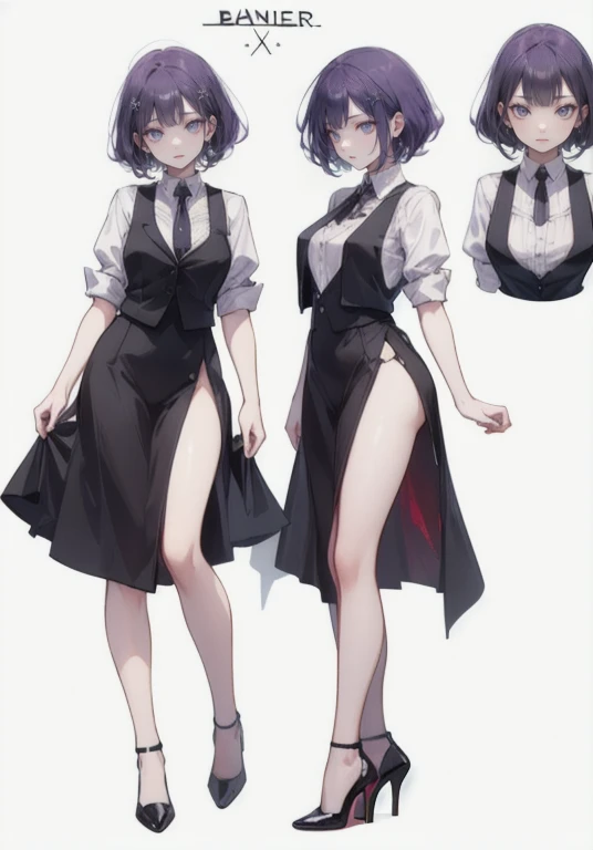 ((Perfect Face)),Purple Hair,Shortcuts,Adult female,bartender,((Harness)),Black vest,((Shirt with rolled up sleeves)),tie,((slit)),High heels,,((Simple Background)),smile,((whole body)),((full body)),Character portrait,upright,,Both arms are lowered,upright,