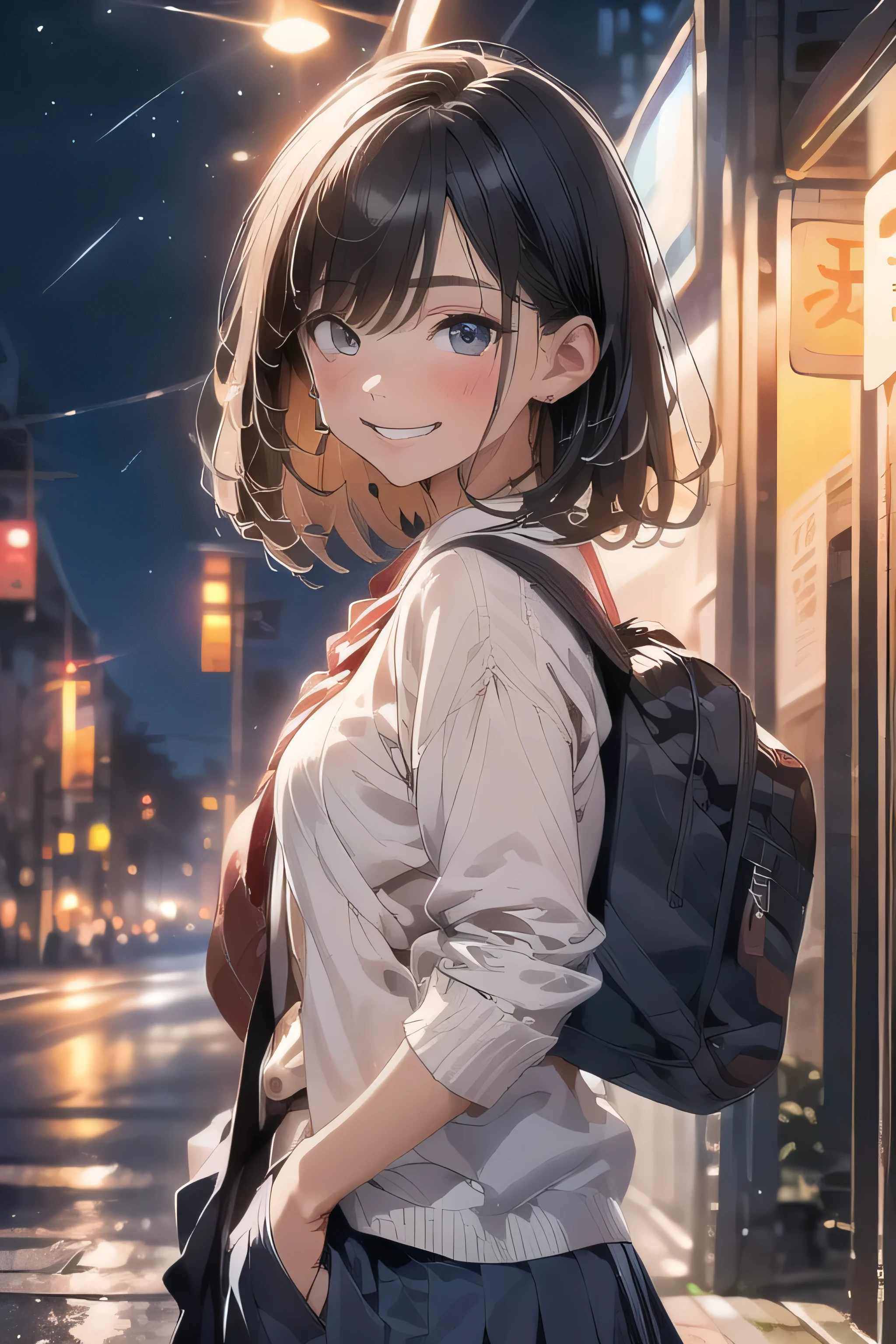 8k, masterpiece, highest quality, One Girl, Medium Long Bob, The background is Tokyo at night, Blue neon town, Love Hotel District, A girl standing in the center of town, More backgrounds, The subject is very small, The subject is extremely small, spring, high school student, uniform, Warm colors, school bag, school bag, Accurate and highly detailed backgrounds, cute, Detailed face, fine grain, Beautiful Eyes, Facing forward、Looking at the viewer diagonally below, Put your hands in your pockets, Black Hair, Natural posing, Toothy smile,