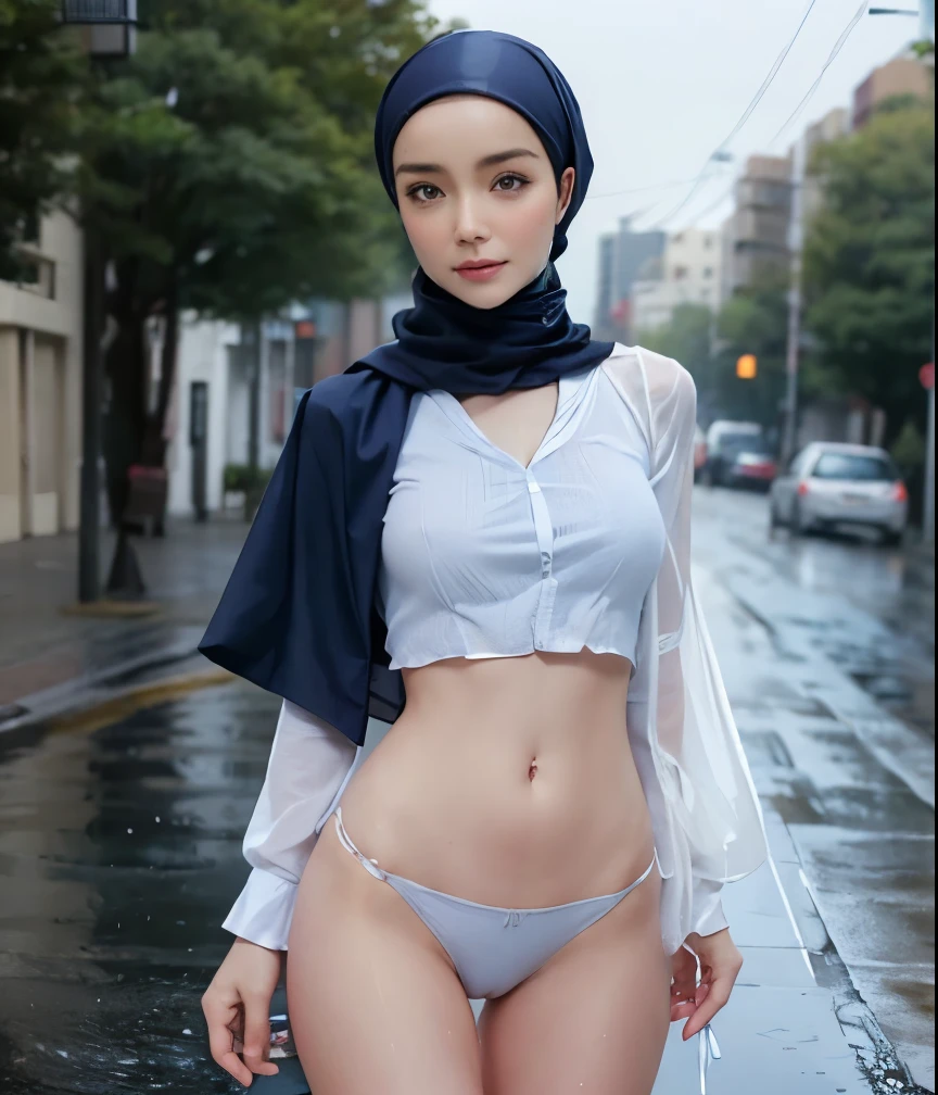 1 woman, accurate to LoRA, sad face, fine wrinkles, blushing cheek, wearing blue hijab and white shirt, perfect body, big chest, thin waist, looking at camera, seducing, sexy,  standing in street, wet from rain, (no panties), full body shot from side, realistic 4K, depth of shadow