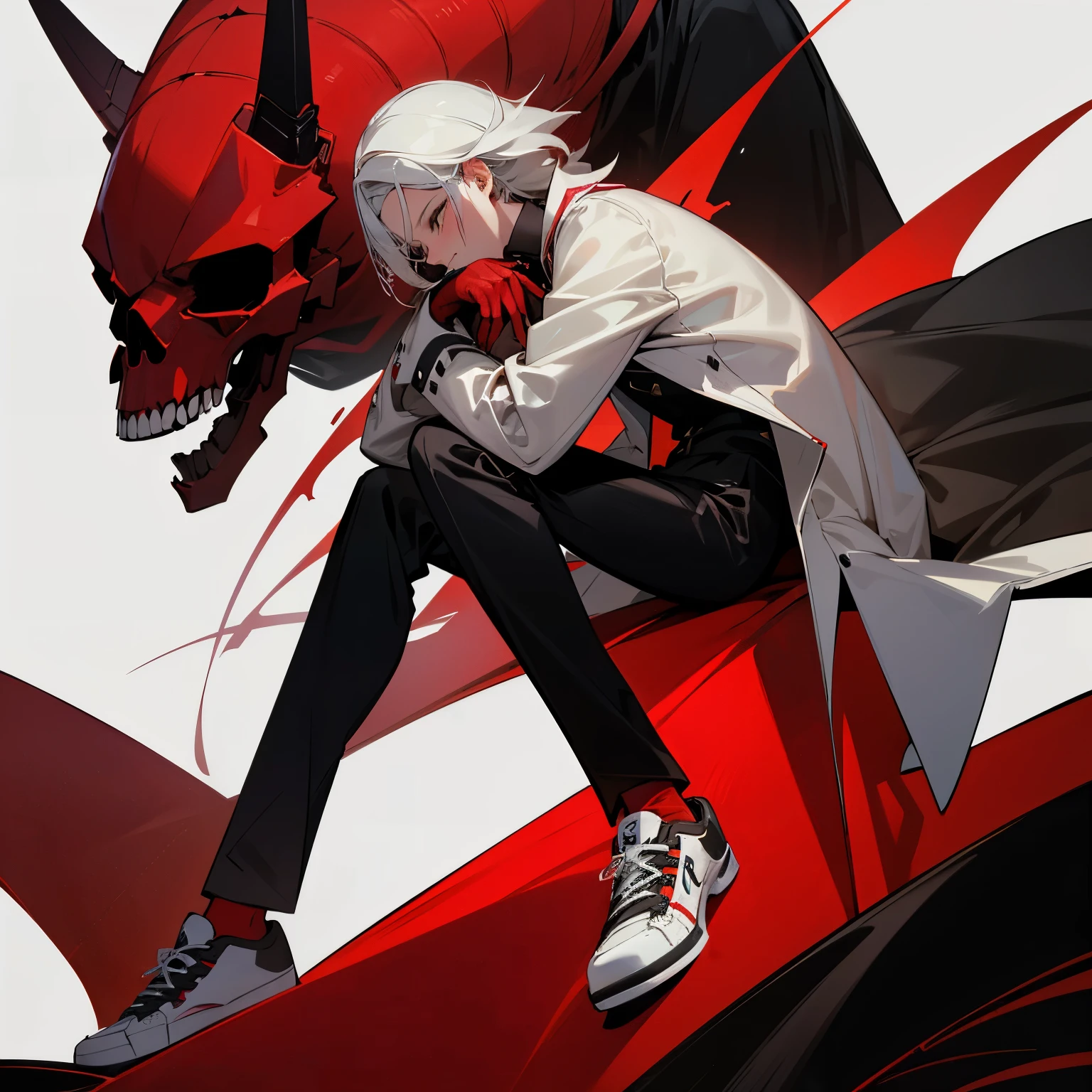 1 garoto,jaqueta preta,camisa vermelha,black pants,Red sneakers,espada futurista vermelha,fundo de guerra,sleep expression,posicionamento perfeito,holding a skull mask,segurando uma espada futurista vermelha 