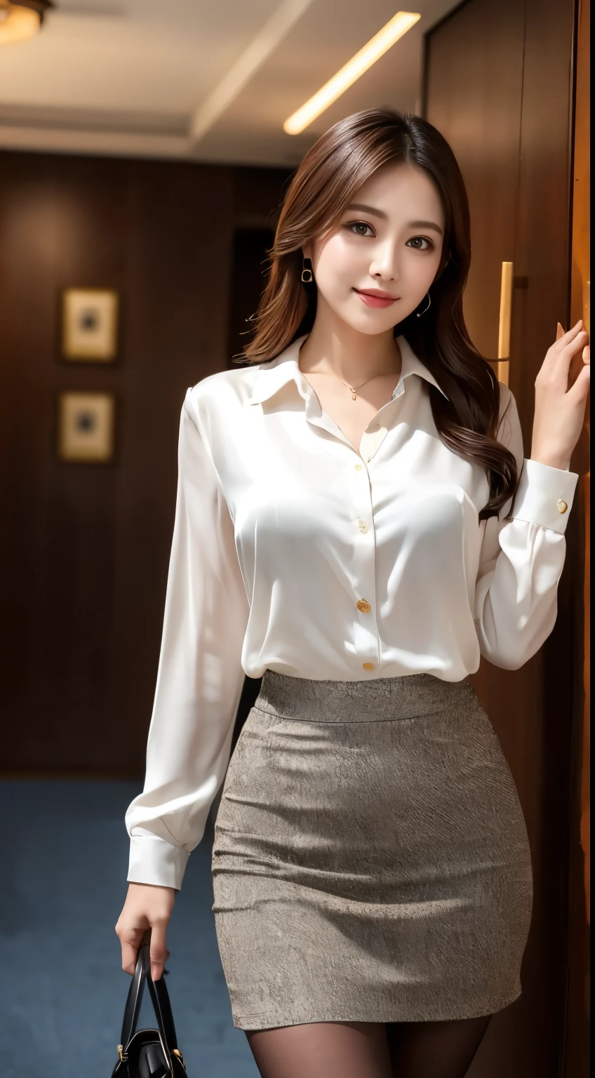 Classy upper class elite secretary in luxury silk blouse, Skirt and thighs、27 years old、height　162cm、Walking the hallway、Office Clothes, (Wearing pantyhose,Realistic pantyhose)、Working in the office、Wear a strict business suit, Wear high-quality high heels、 Blouse Girl, Wearing an elegant blouse, Wearing a very thin blouse, Businesswoman, Blouse and skirt, Wearing a silk blouse, Wear a shirt and skirt, 　　　　　　RAW Photos, (8k、highest quality、masterpiece:1.2)、(Intricate details:1.4)、(Photorealistic:1.4)、Octane Rendering、Complex 3D rendering with ultra-detail, Studio Soft Light, Rim Light, Vivid details, Super Detail, Realistic skin texture, Detailed aspect, Beautiful details in the eyes, Highly detailed CG Unity 16k wallpaper, compensate, (Detailed Background:1.2), Exposed thighs!!!,