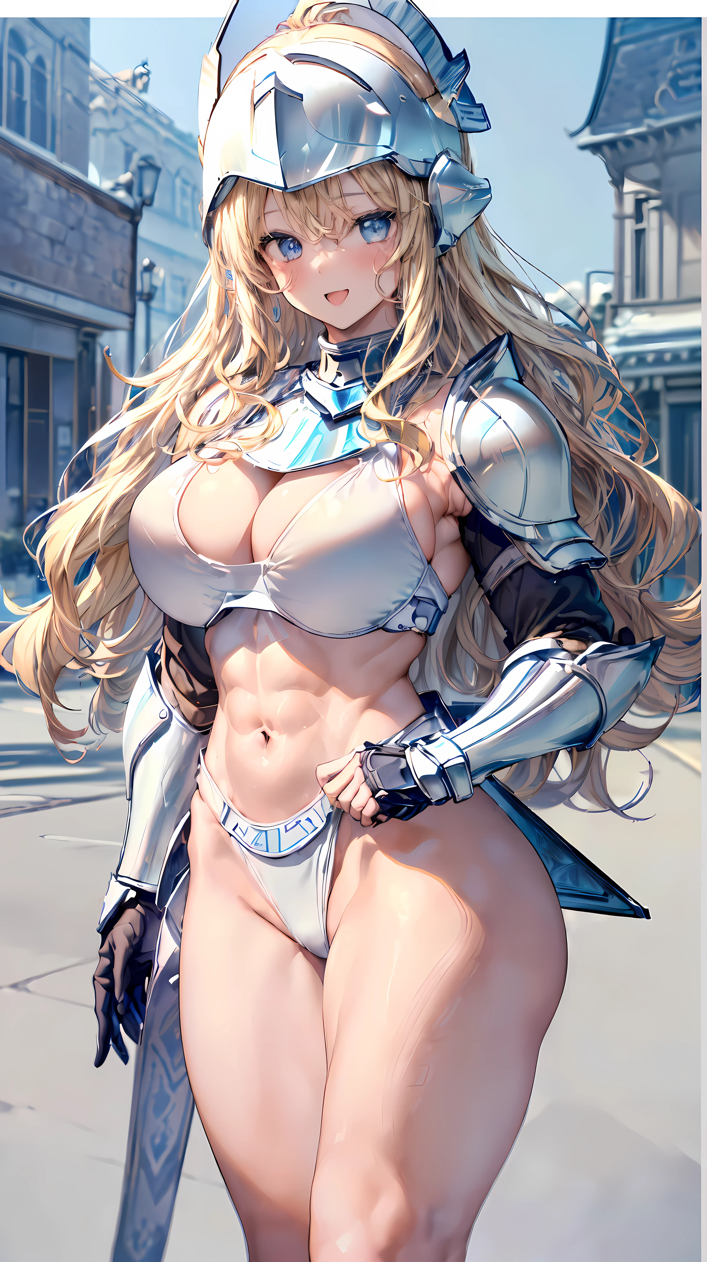 (Adult women:1.5)、Very detailed、highest quality、Best image quality、masterpiece、8k、Anime Face、A kind smile、(Open your mouth:1.3)、Sparkling blue eyes、(Blonde Wavy Hair:1.5)、、Muscles of the whole body、(High leg:1.5)、Thigh belt、(Wearing white bikini armor:1.5)、(Cowboy Shot:1.5)、(Leg armor:1.5)、(Wearing a helmet:1.5)、SFW Giant