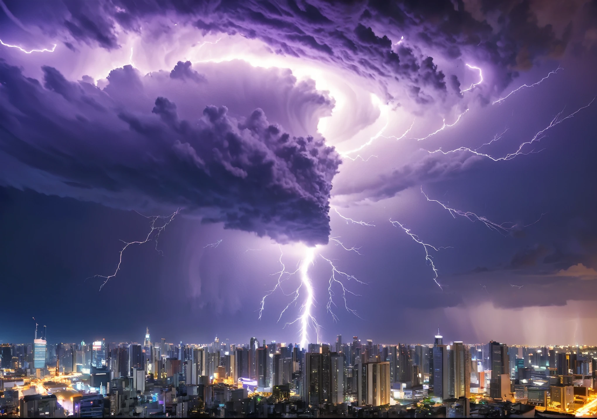 Crystal Cloud、Giant Tornado, Lightning strikes、skyscraper、Atmospheric perspective, 8k, Wide-angle lens、Super Detail, Accurate, highest quality, Purple Lightning、Sharp images、High color reproducibility、Attention to detail、live-action、Alluring、