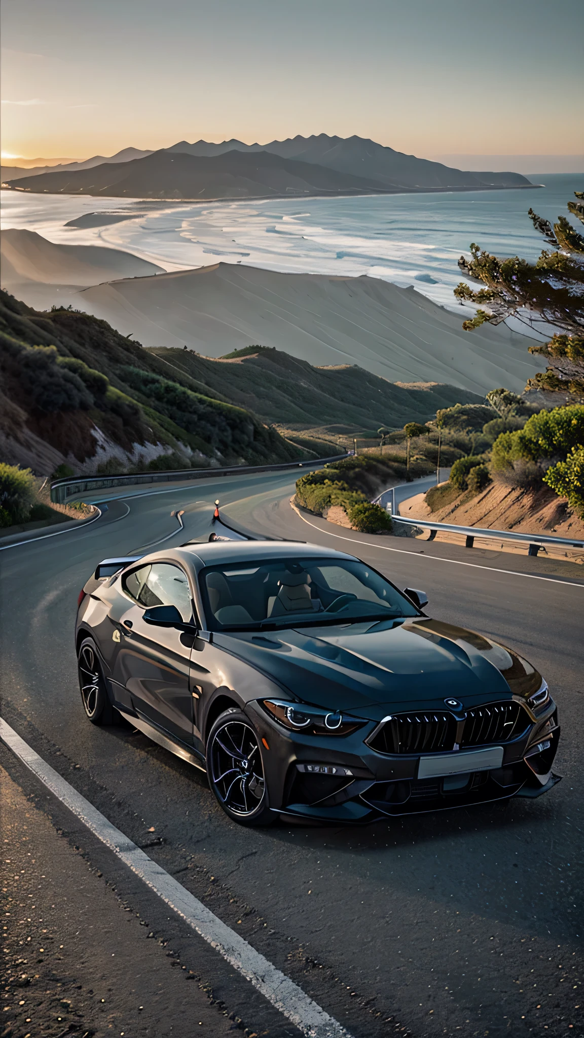 Hyperrealistic 8k photo of Ventura Highway, from side of a topless BMW car of a Mustang GT at dusk, with highway and ocean in detail and focus. 
