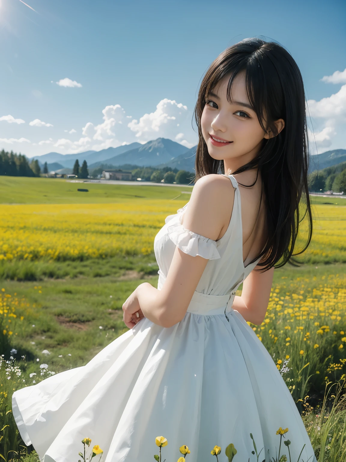 (ultra realistic), (best illustration), (increase resolution), (8K), (masterpiece), (wallpaper), solo, 1 girl, looking at viewers, black straight hair, pureerosfaceace_v1, happy smile, colorful dress, meadow