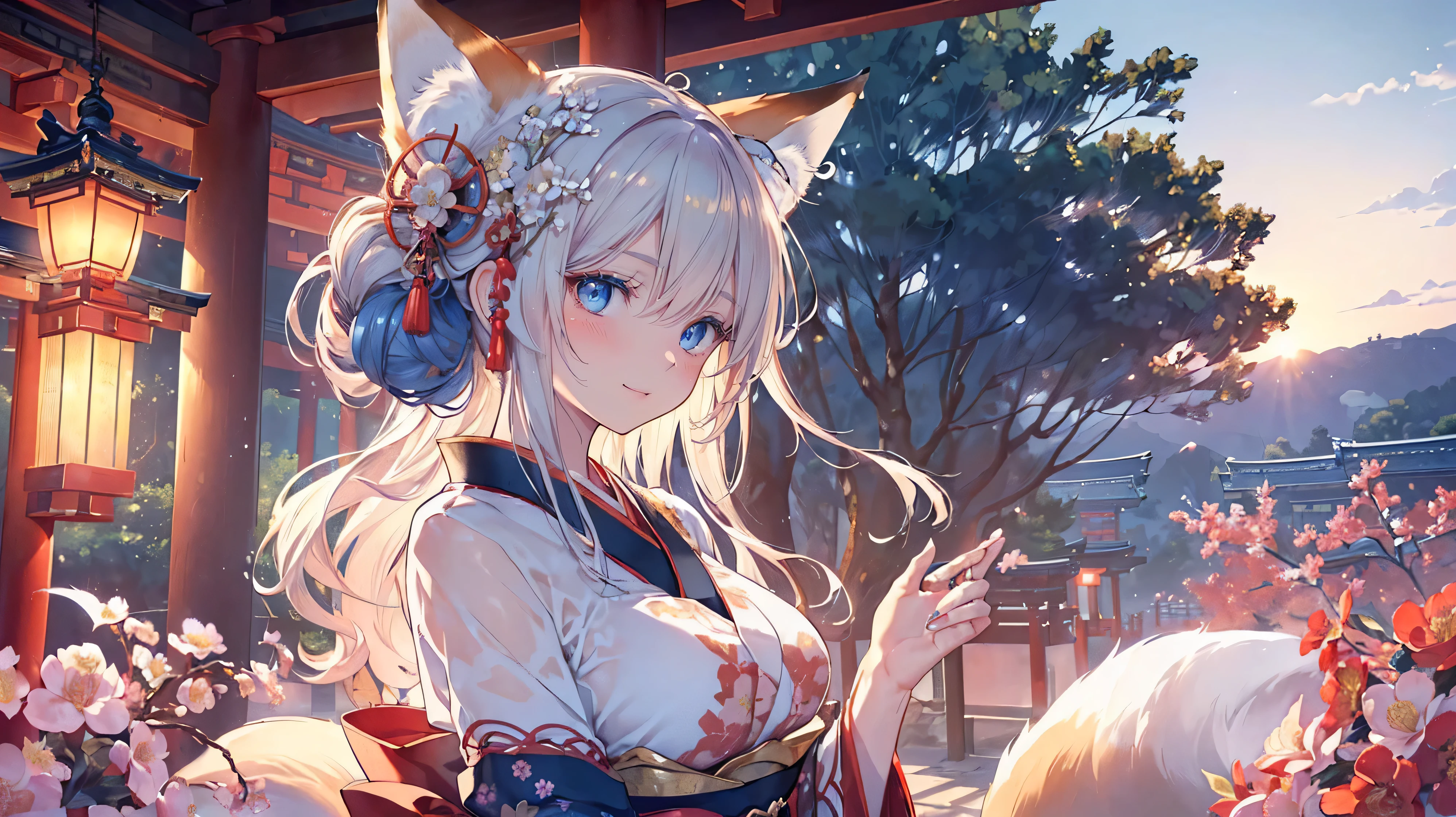(((Masterpiece))), (((Highest quality))), ((Ultra-detailed)), ((Super fine illustration)), ((Ultra-fine painting)), (16K highest quality wallpaper:1.4), (Upper body:1.6), HDR, (Highly detailed and delicate illustration style:1.8), Detailed skin texture, Detailed cloth texture, Extreme detailed description, (T-masterpiece), (Highly detailed face:1.2), (Highly detailed fox ears:1.2), (Highly detailed shiny golden brown half updo:1.2), (Highly detailed clear blue eyes:1.2), Original, RAW photo, Professional, Intricate details, Super details, Direct light:1.6, (Perfect anatomy:1.4), (Highly detailed hands:1.2), (Highly detailed fingers:1.2), (Highly detailed fingertips:1.2), (27-years-old), Real, (Solo:1.8), ((A very beautiful and attractive fox fashion model with blue eyes wearing a bright red furisode with a floral pattern:1.4)) BRAKE (Beautiful and adorable fox ears:1.6), (Highly detailed and delicate fox ears:1.4), (Beautiful and well-shaped big breasts:1.2), (Beautiful and well-shaped buttocks), (Beautiful and shiny golden brown half updo:1.4), (Highly detailed and delicate golden brown half updo:1.2), (Beautiful clear blue eyes that shine with great detail:1.6), (Highly detailed and delicate blue eyes:1.2), (Highly detailed face:1.4), (Smile:1.5), (Blush:1.4), (Looking at viewer:1.4), (Celebration:1.4) BRAKE (Bright red furisode with floral pattern:1.4), (Japanese traditional costume:1.2) BRAKE (Concept art:1.2), (Detailed fantasy art:1.2) BRAKE (Highly detailed and delicate Ise Grand Shrine in Mie Prefecture in the background just after noon in spring:1.6), (Celebration:1.4), Ise Grand Shrine:1.4, Torii gate of Ise Shrine:1.4, Very beautiful in the sunny sky background just after noon:1.4 BRAKE