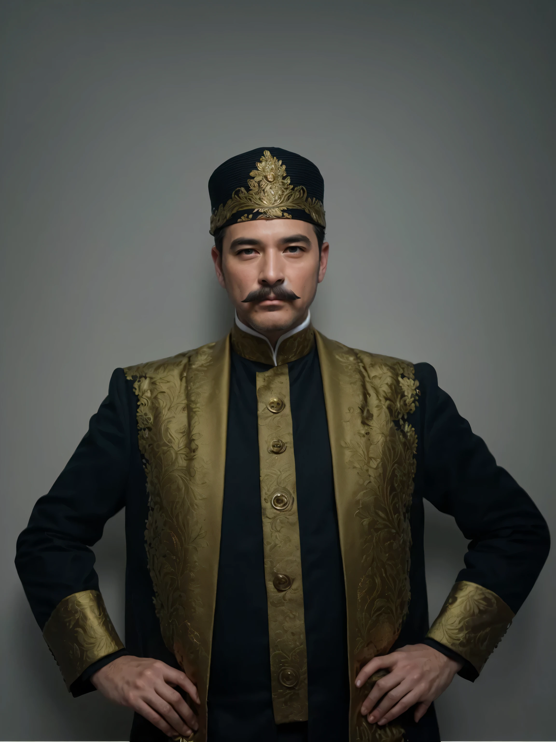 Make this detailed and realistic, arafed man in a black and gold outfit with a blue eyes and mustache, 4 0 years old man, colorized potrait photo, realistic potrait photograph, detailed potrait photograph, very detailed potrait