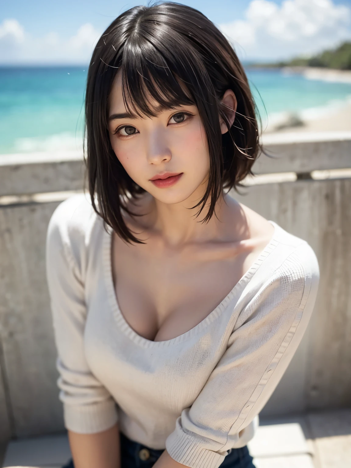 1 girl、highest quality、Realistic、solo、Depth of written boundary、Natural soft light、Daytime、attractive、Beautiful Face、Cleanliness、Pure Face、White skin、cute、short hair、Bans、Beach、Light of the sun、Medium Breast、Whole Body Ezbian、((sweater、黄金比のBeautiful Face、左右対称のBeautiful Face))、Long neck、Listen carefully、Neat short bob with bangs、Laugh with your mouth closed、Perfect Fingers、Perfect hands、Perfect body、Perfect Face、Shine a light into your eyes、Perfect Anatomy:1.4、とてもcuteスーパーモデル:1.4