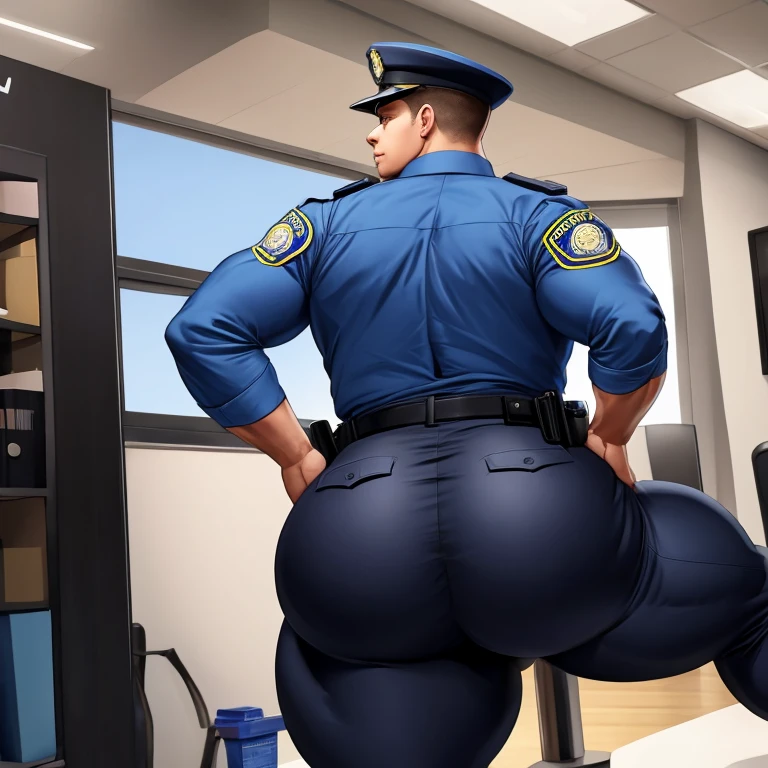 Two male police officers, muscular, jocks, athletic, shirtless, ginger, wearing police uniforms, big butt, huge ass, comically massive ass, bubblebutt, thick, thicc, thick ass, thick legs, thick thighs, huge butt cheeks, ass huge, showing butt to camera, smiling, looking back at camera, big booty, boy booty, men with huge butts, men in police uniforms, showing off ass, absolutely massive butt, enormous ass cheeks in uniform pants, full ass, wide ass, round ass