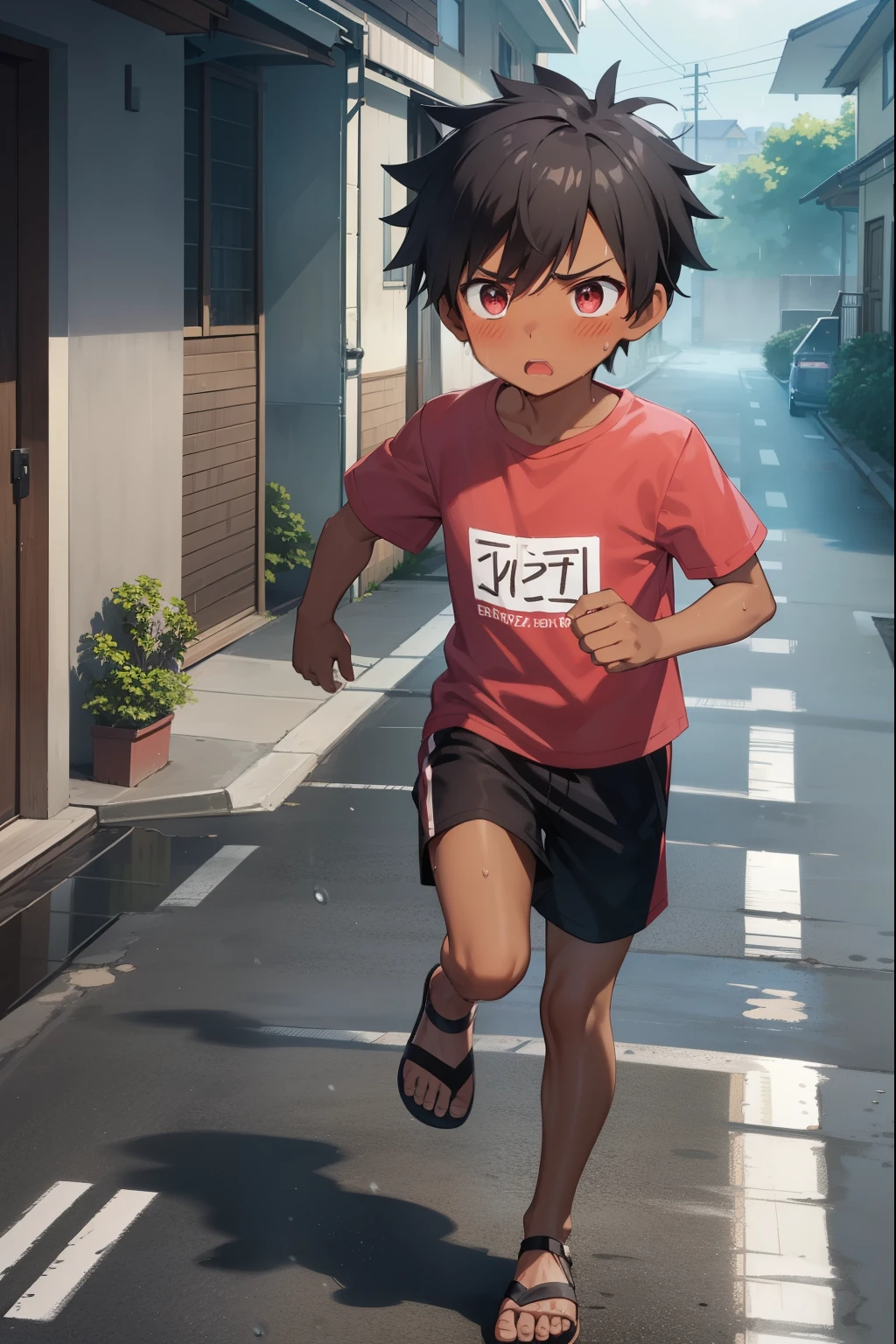 Residential Street,running,,Spiked Hair,Black Hair,blush,Red T-shirt,Black shorts,Brown Sandals,Dark Skin,rain,Wet,shy,Blue sandals,Open your mouth,Sweat,fog,panic,