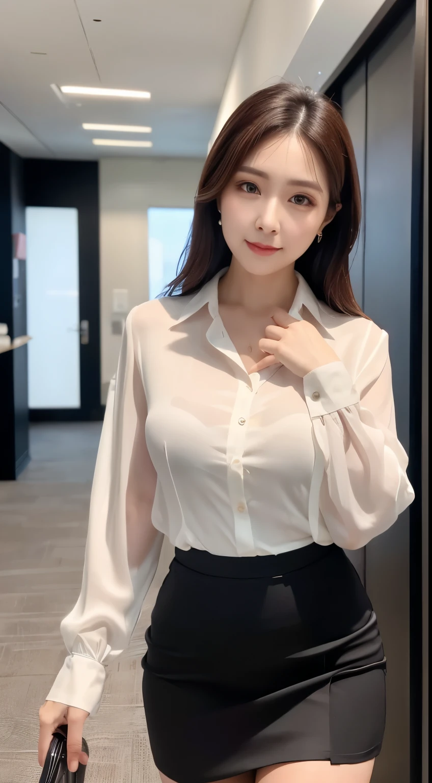 ulzzang-6500-v1.1, (RAW Photos:1.2), (Photorealistic), (Genuine:1.4), (Mastepiece), masterpiece, Absurd, The finer details, High resolution, Highly detailed face and eyes, Photorealistic, Classy upper class elite secretary in luxury silk blouse, Skirt and thighs、27 years old、height 162cm、Walking the hallway、Office Clothes, (Wearing pantyhose,Realistic pantyhose)、Working in the office、Wear a strict business suit, Wear high-quality high heels、 Blouse Girl, Wearing an elegant blouse, Wearing a very thin blouse, Businesswoman, Blouse and skirt, Wearing a silk blouse, Wear a shirt and skirt, Sharp focus、Vivid details, Super Detail, Realistic skin texture, Detailed aspect, Beautiful details in the eyes, Makeup, (Detailed Background:1.2), Exposed thighs!!!,