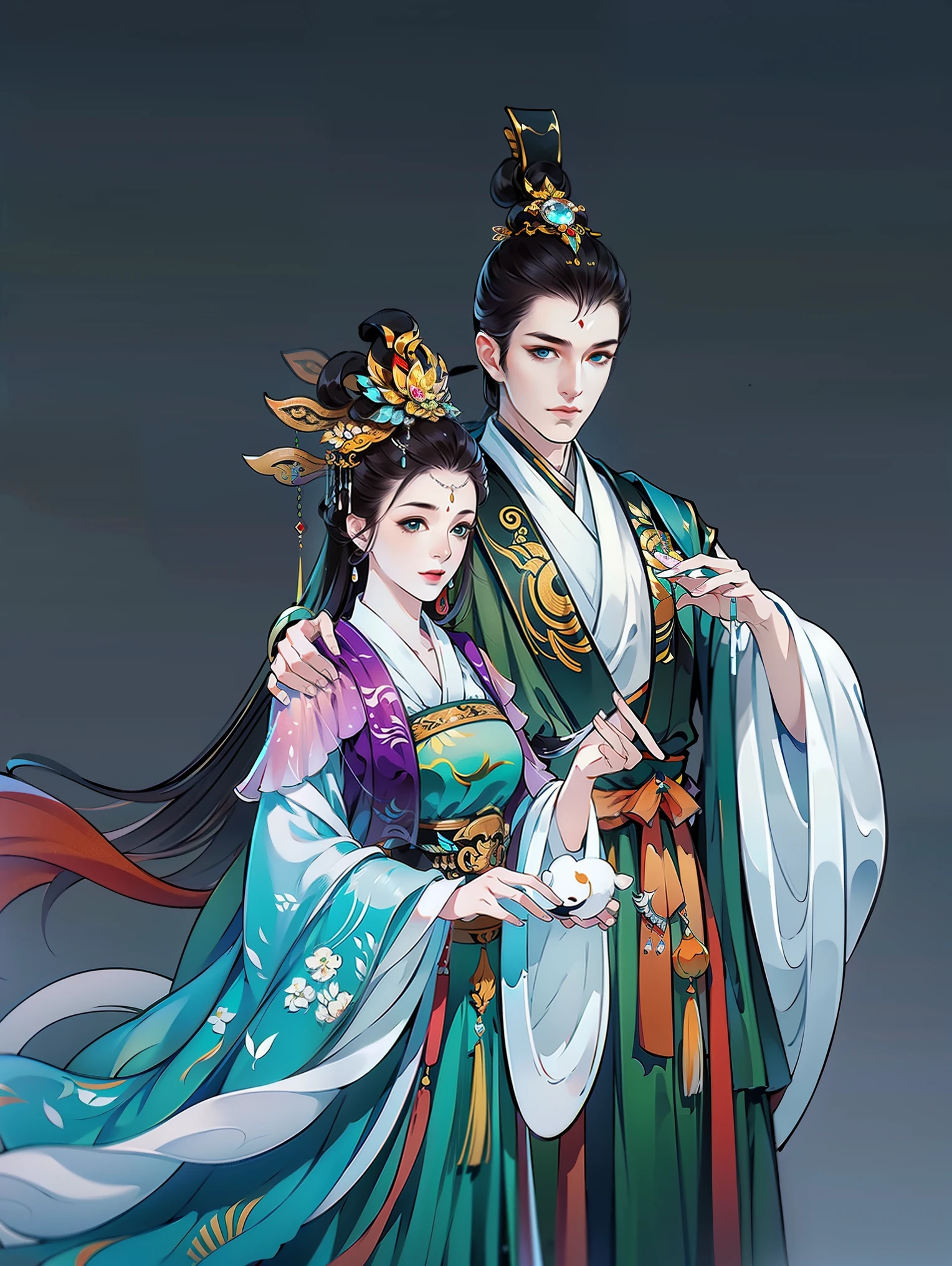 （masterpiece，Ultra Detailed，High-resolution details，Highly detailed art）1 man 1 woman，Half Body，xianxia，blue，elegant，Highly detailed character designs from East Asia，Game character costume design，simple，Ultra-high resolution, Clear focus, Epic Works, masterpiece, (Highly detailed CG Unity 8k wallpaper)，Pretty Face，beautiful eyes，High-resolution details