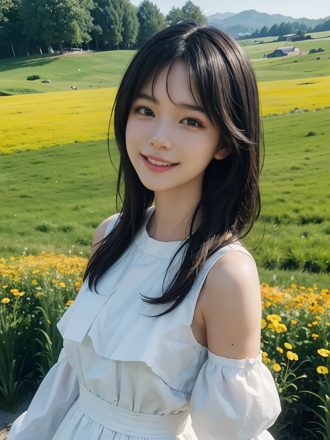 (ultra realistic), (best illustration), (increase resolution), (8K), (masterpiece), (wallpaper), solo, 1 girl, looking at viewers, black straight hair, pureerosfaceace_v1, happy smile, colorful dress, meadow