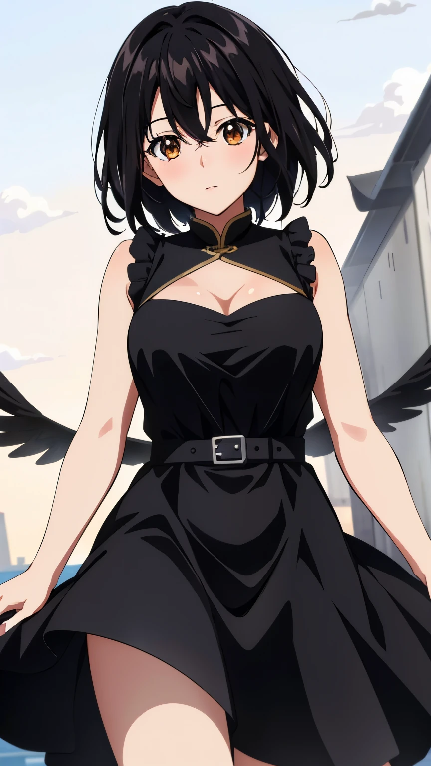 (highest quality, 8k, masterpiece: 1.2), Anime art style,  himeragi yukina,  1 girl,Brown eyes, Black Hair, Hair between the eyes, Medium Hair, Medium breast,alone,(China dress),Dynamic Angle, Center the image, Cowboy Shot