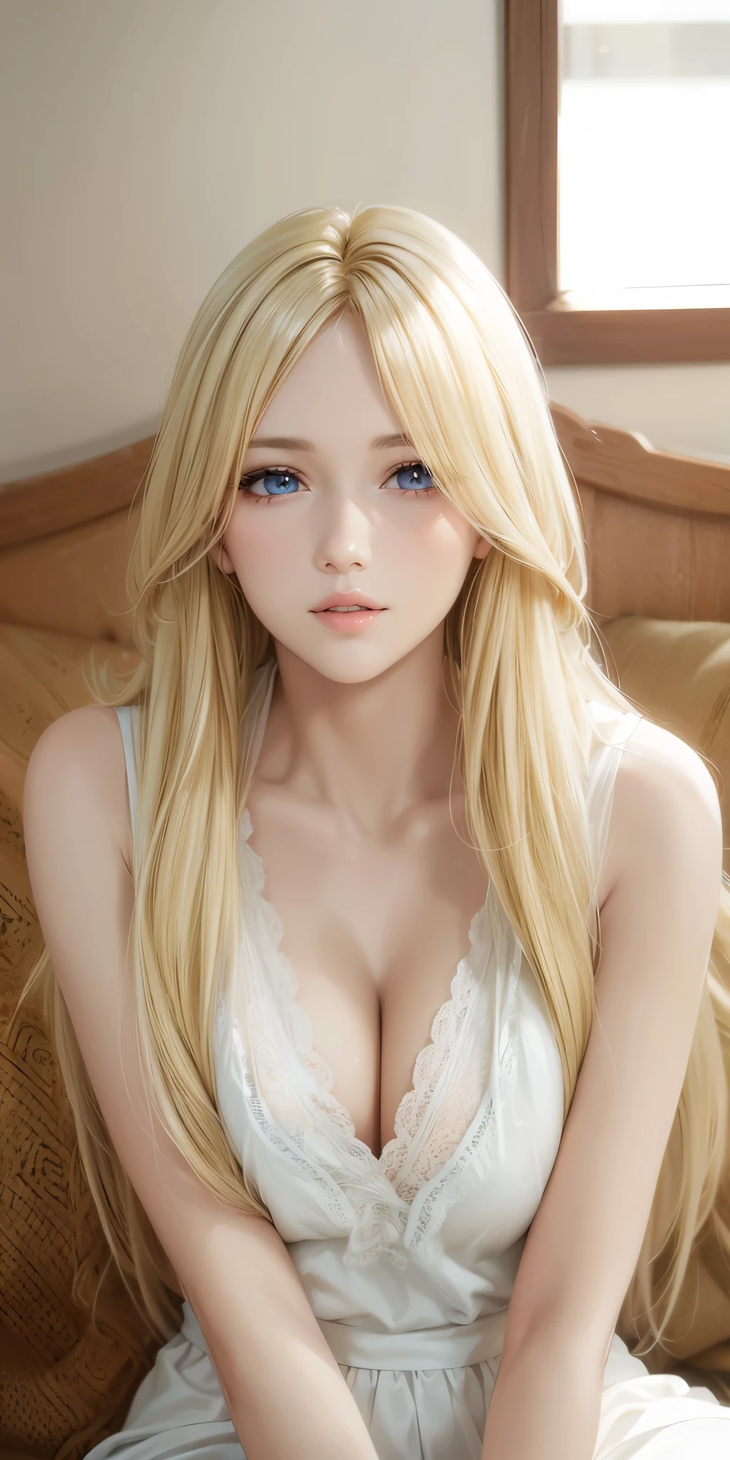 Gorgeous adult woman, blonde hair, long hair, bangs, tank top, cleavage, soft light, high quality, 4k resolution