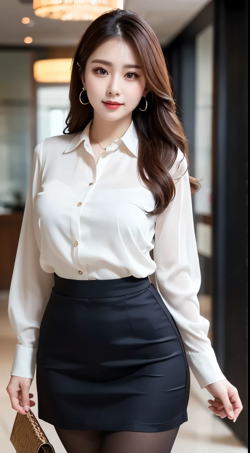 ulzzang-6500-v1.1, (RAW Photos:1.2), (Photorealistic), (Genuine:1.4), (Mastepiece), masterpiece, Absurd, The finer details, High resolution, Highly detailed face and eyes, Photorealistic, Classy upper class elite secretary in luxury silk blouse, Skirt and thighs、27 years old、height 162cm、Walking the hallway、Office Clothes, (Wearing pantyhose,Realistic pantyhose)、Working in the office、Wear a strict business suit, Wear high-quality high heels、 Blouse Girl, Wearing an elegant blouse, Wearing a very thin blouse, Businesswoman, Blouse and skirt, Wearing a silk blouse, Wear a shirt and skirt, Sharp focus、Vivid details, Super Detail, Realistic skin texture, Detailed aspect, Beautiful details in the eyes, Makeup, (Detailed Background:1.2), Exposed thighs!!!,