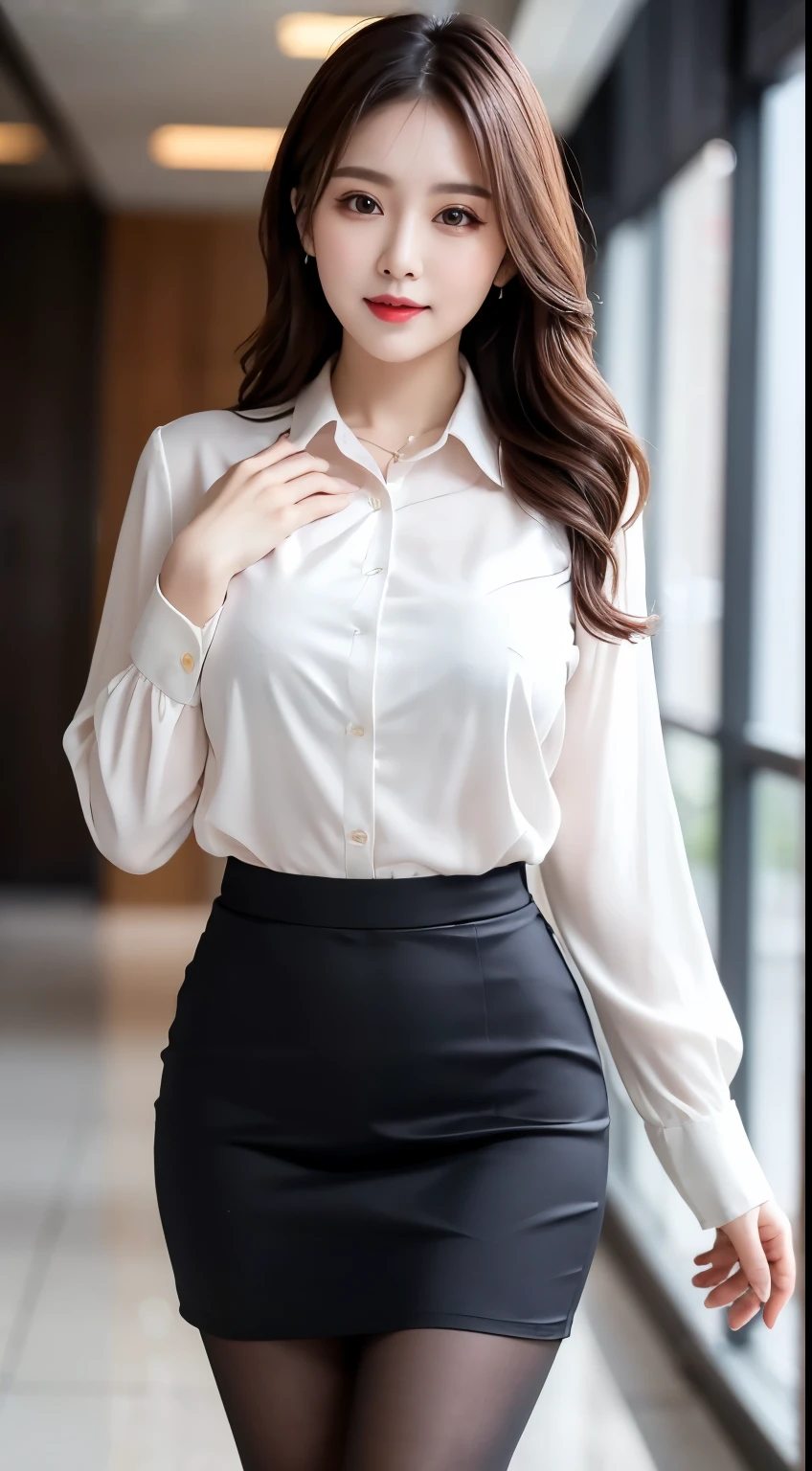 ulzzang-6500-v1.1, (RAW Photos:1.2), (Photorealistic), (Genuine:1.4), (Mastepiece), masterpiece, Absurd, The finer details, High resolution, Highly detailed face and eyes, Photorealistic, Classy upper class elite secretary in luxury silk blouse, Skirt and thighs、27 years old、height　162cm、Walking the hallway、Office Clothes, (Wearing pantyhose,Realistic pantyhose)、Working in the office、Wear a strict business suit, Wear high-quality high heels、 Blouse Girl, Wearing an elegant blouse, Wearing a very thin blouse, Businesswoman, Blouse and skirt, Wearing a silk blouse, Wear a shirt and skirt, 　　　　　Sharp focus、Vivid details, Super Detail, Realistic skin texture, Detailed aspect, Beautiful details in the eyes, Makeup, (Detailed Background:1.2), Exposed thighs!!!,