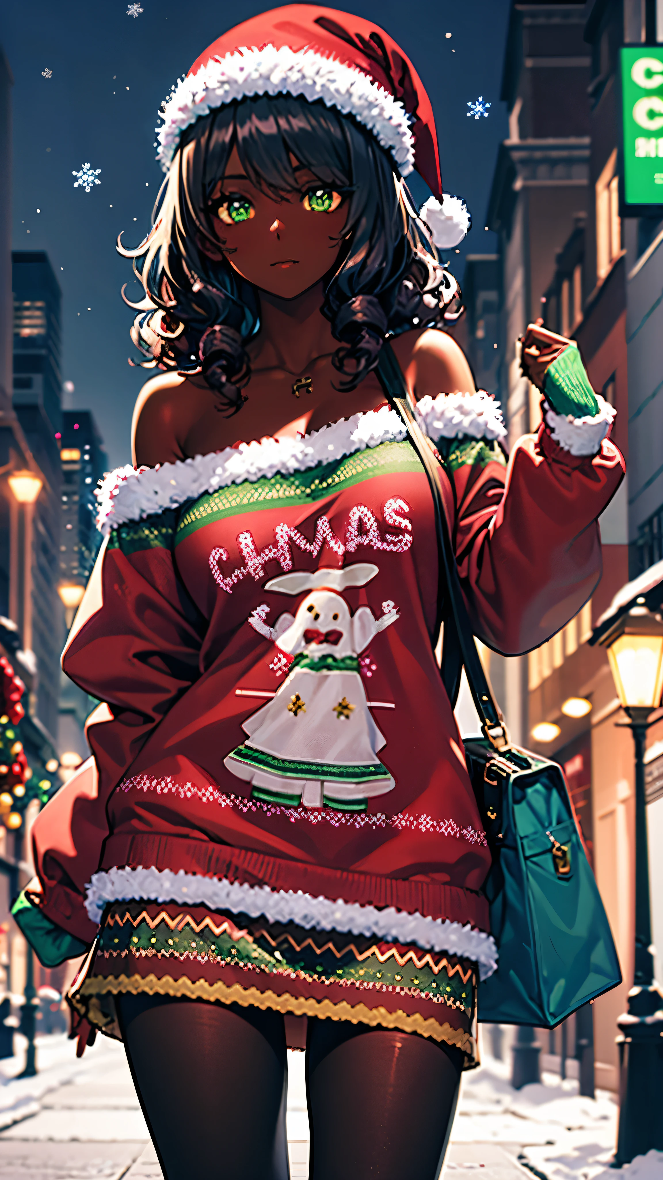 dark skin girl, curly afro hair, glowing green eyes, christmas cap, christmas off-shoulder sweater, christmas skirt, loose clothes, black tights