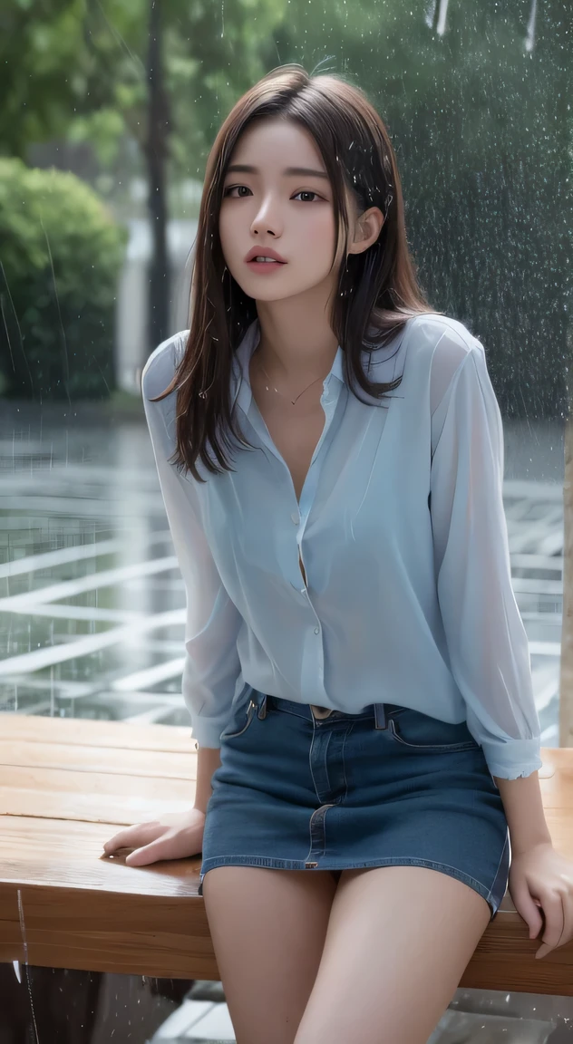 Details, high resolution, high definition, perfect and dynamic composition, beautiful and delicate eyes, medium hair, natural lips, 20-year-old girl, alone, clear skin, shiny hair, on the table, top quality , figure , super detail, fine detail, high resolution, 8k, (raining) (raining) (raining) (raining) (raining) Accurate human body condition, cute pose, short bob, perfect beautiful face, KPOP idol face , there is a feeling of ecstasy on the face, gray underwear, blue miniskirt, raining, wet in the rain, transparent shirt, the background is the sea, random-looking female model Dressed&#39;Fashion Magazine