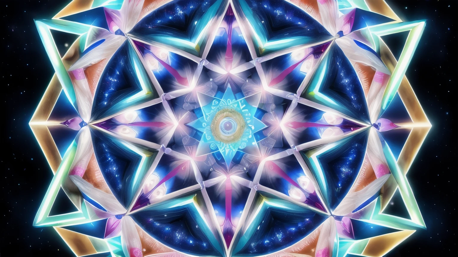 a circular image of a star with a blue center surrounded by stars, geometry and astrology, astral appearance, sacred geometry, intricate galactic designs, sacred fractal structures, epic shamanic dmt art, galactic dmt entity, visionary art style, overlaid sacred geometry, mystical cosmic messenger, mind-boggling cosmic geometry, fractal sacred geometry, humanity like cosmic structure, 8k,hight quality