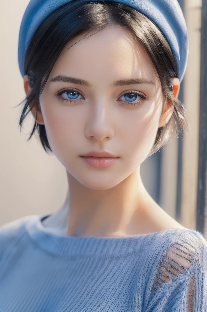 (masterpiece:1.3), (8k, photorealistic, RAW photo, best quality: 1.4), (1girl), beautiful face, (realistic face), (black hair, short hair:1.3), blue dress, white cap, , face close up, beautiful hairstyle, realistic eyes, beautiful detailed eyes, (realistic skin), beautiful skin, (sweater), absurdres, attractive, ultra high res, ultra realistic, highly detailed, golden ratio