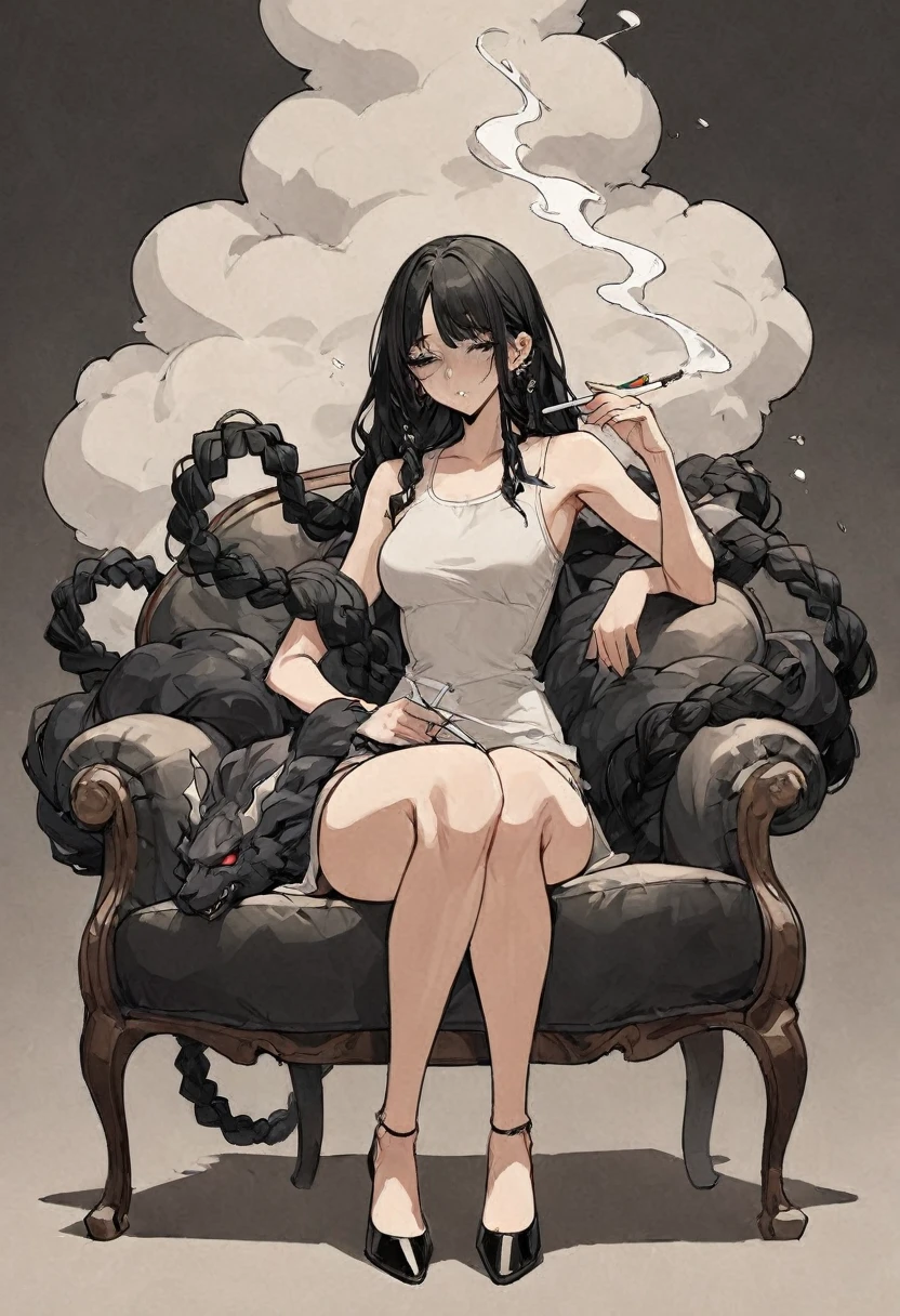 Girl, long black braids, dark dark circles, sleepy eyes, cartilage piercings, high quality, fair skin, sitting on a chair, details, smoking a cigarette, wafting smoke, accompanied by a smoke beast, low saturation , illustrations, thin lines, fine details,full body