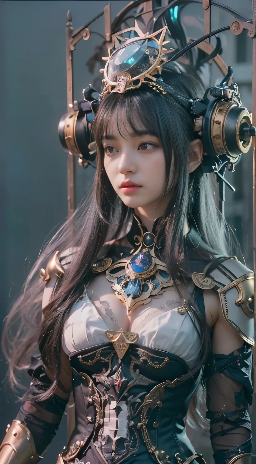 (((masterpiece, highest quality, Very detailed))), (((終わりのないmagic使いの少女, , radiating magic))), (((Complex mechanical headgear, A fusion of the intricate mechanical nature of steampunk fashion, the over-the-top gothic fashion and the neon glow of cyberpunk fashion.))), Bust up photo, ((((Very detailedな顔))), (((Very sharp focused eyes))), Very large slitted dark grey eyes that sparkle like jewels. Very long eyelashes, Long vertically curled black hair, Thick bangs, Perfect princess cut, Very gorgeous tiara, (((Perfectly accurate human anatomy))), Long neck, Narrow shoulders, thin and long arms, Small breasts, Very small waist, Very small ass, Long, slender legs, (((Overall accuracy has been dramatically improved, creating Very detailed, Realistic and photo-realistic images)))), (((magic, magic spell light, magic weapon))), Dynamic pose, Cinema Lighting,