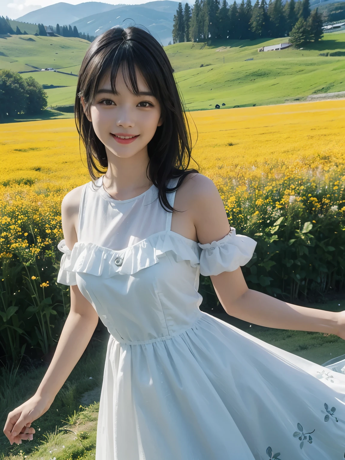 (ultra realistic), (best illustration), (increase resolution), (8K), (masterpiece), (wallpaper), solo, 1 girl, looking at viewers, black straight hair, pureerosfaceace_v1, happy smile, colorful dress, meadow