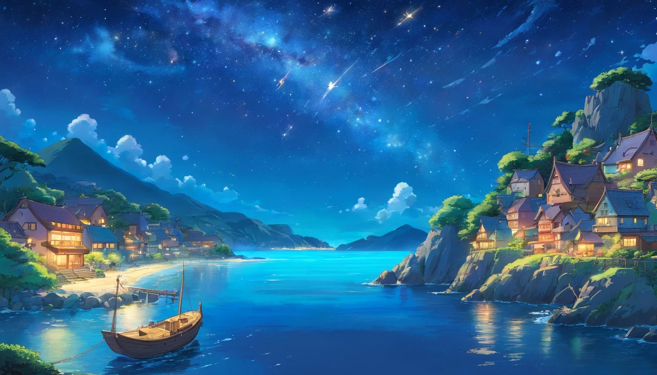 isle, starry sky, ocean, night, small village, serene