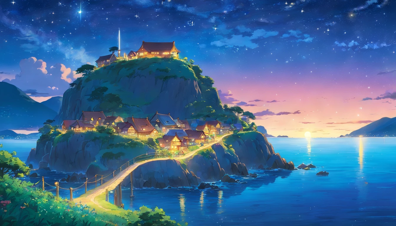 isle, starry sky, ocean, night, small village, serene