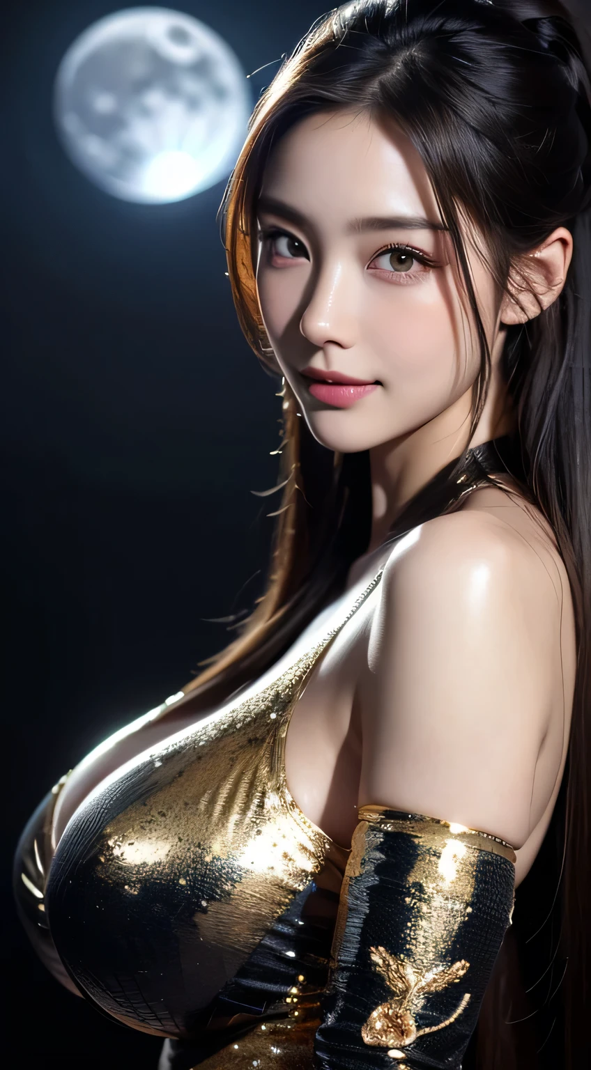 Kimono beauty, body portrait, 8k, thin and beautiful eyes, Dindal effect, masterpiece, top quality, high quality, high resolution, very detailed photo, (natural skin texture, fine skin, hyper realism, super sharpness) , high detail skin, (very fine, fine skin texture, intricate details, beautiful face, (real-like face), realistic eyes, beautifully detailed eyes, realistic skin, beautiful skin, surreal, Highly detailed, golden ratio, smiling eyes, ((night moonlight background)), body portrait, G cup, big breasts, huge breasts, big breasts, glamorous, shiny bodysuit