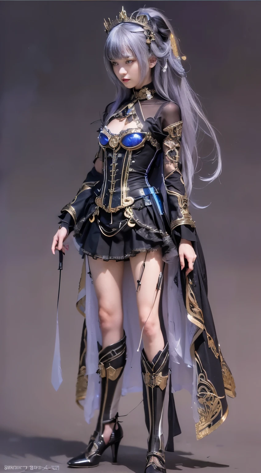 (((masterpiece, highest quality, Very detailed))), (((終わりのないmagic使いの少女, 14 years old, radiating magic))), (((Complex mechanical headgear, A fusion of the intricate mechanical nature of steampunk fashion, the over-the-top gothic fashion and the neon glow of cyberpunk fashion.))), Bust up photo, ((((Very detailedな顔))), (((Very sharp focused eyes))), Very large slitted dark grey eyes that sparkle like jewels. Very long eyelashes, Long vertically curled black hair, Thick bangs, Perfect princess cut, Very gorgeous tiara, (((Perfectly accurate human anatomy))), Long neck, Narrow shoulders, thin and long arms, Small breasts, Very small waist, Very small ass, Long, slender legs, (((Overall accuracy has been dramatically improved, creating Very detailed, Realistic and photo-realistic images)))), (((magic, magic spell light, magic weapon))), Dynamic pose, Cinema Lighting,