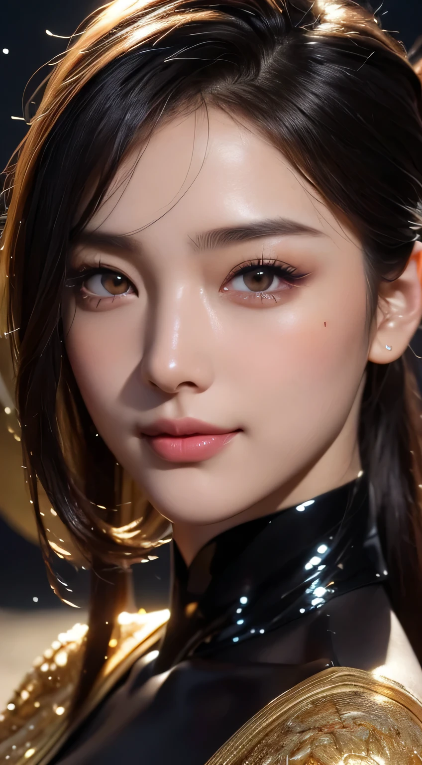 Kimono beauty, body portrait, 8k, thin and beautiful eyes, Dindal effect, masterpiece, top quality, high quality, high resolution, very detailed photo, (natural skin texture, fine skin, hyper realism, super sharpness) , high detail skin, (very fine, fine skin texture, intricate details, beautiful face, (real-like face), realistic eyes, beautifully detailed eyes, realistic skin, beautiful skin, surreal, Highly detailed, golden ratio, smiling eyes, ((night moonlight background)), body portrait, G cup, big breasts, huge breasts, big breasts, glamorous, shiny bodysuit
