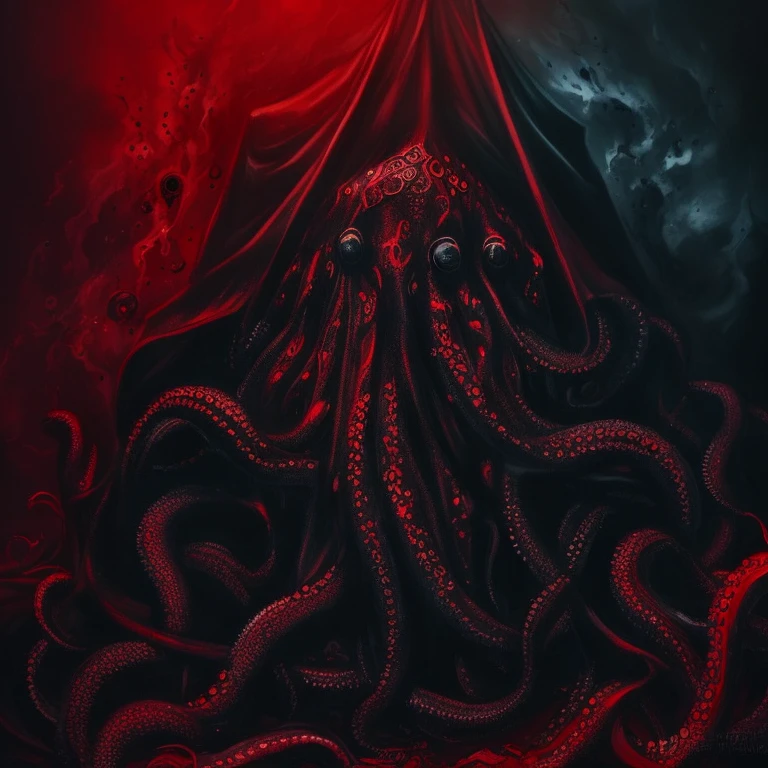 Dark illustration evil octopus with black hood in a sea of blood background, incredible details, draw, fog