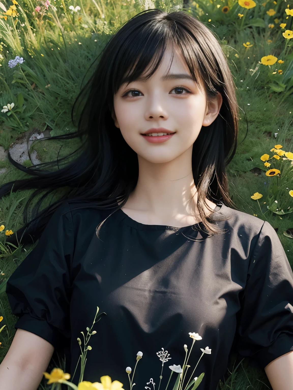 (ultra realistic), (best illustration), (increase resolution), (8K), (masterpiece), (wallpaper), solo, 1 girl, looking at viewers, black straight hair, pureerosfaceace_v1, happy smile, colorful dress, meadow