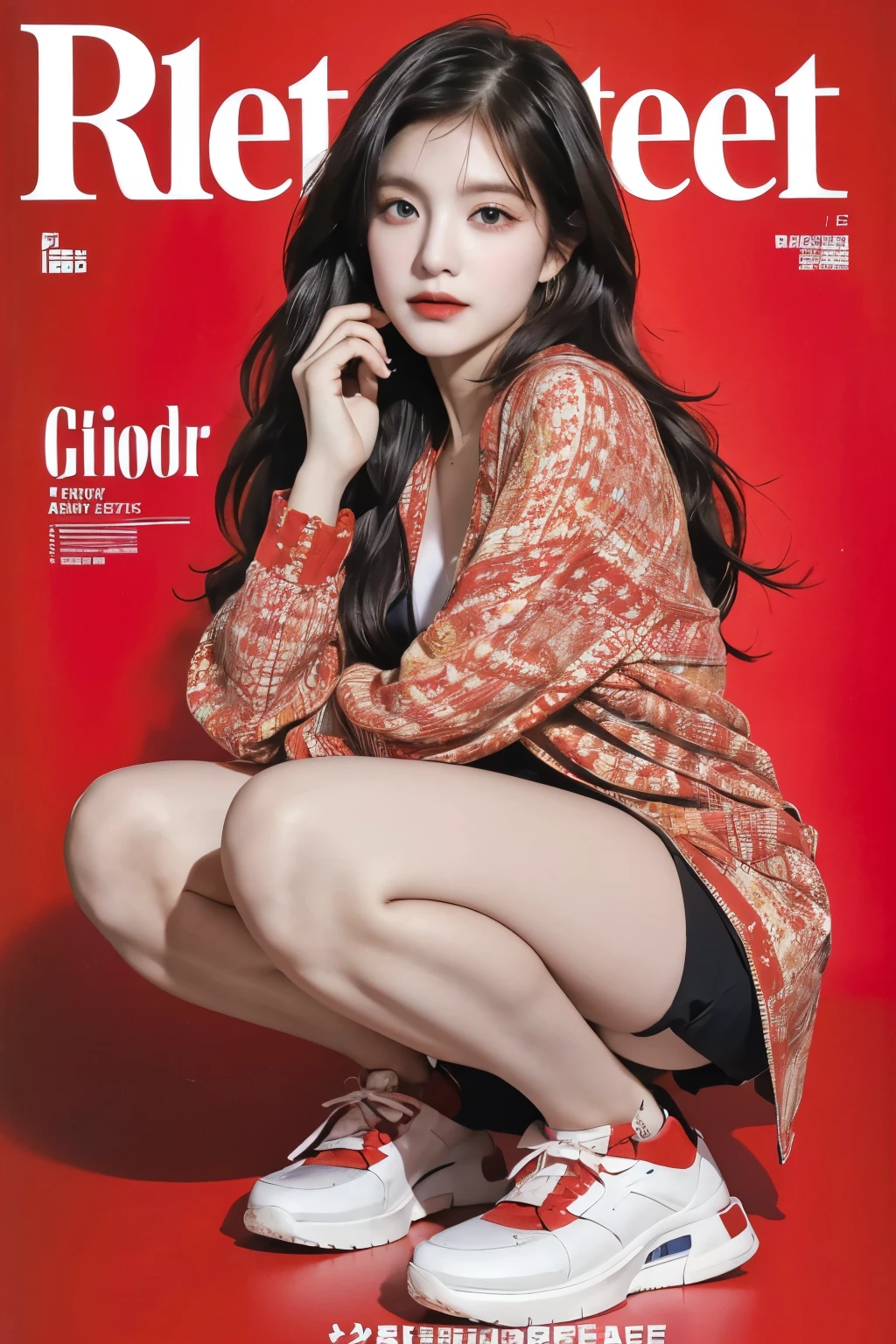 best quality, works of masters, high resolution, 1 girl, What a beautiful face., really beautiful eyes, really beautiful hair，trendy clothing magazine cover，Sexy and AttrActive，Color Explosion，black hair，full body slang，squat