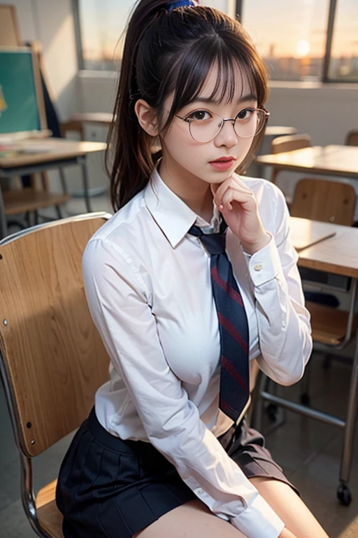 (highest quality, 8k, 32k, Masseter muscle area, Hmph:1.2), (Realistic, Photorealistic:1.1), (Perfect Anatomy:1.2), horizontal distance method, The bangs are down, White Panty Shot1.6squat, ponytail, Shiny brown hair, (Medium Hair:1.2), Bust Up View, fold your hands behind your back, Look forward, Natural Eyes, Ultra-detailed, One Girl, Super cute school girl, Japanese, Only 17, Sitting in a chair, (High school art room, Dark Room, Dramatic sunset:1.4), Big Breasts, Big breasts, Beautiful detailing,( Patterned tie:1.1), (Black-rimmed glasses:1.2), uniform, (Long sleeve white shirt with collar:1.2), Checkered Pleated Skirt, Highly emotional and spectacular cinematic lighting,