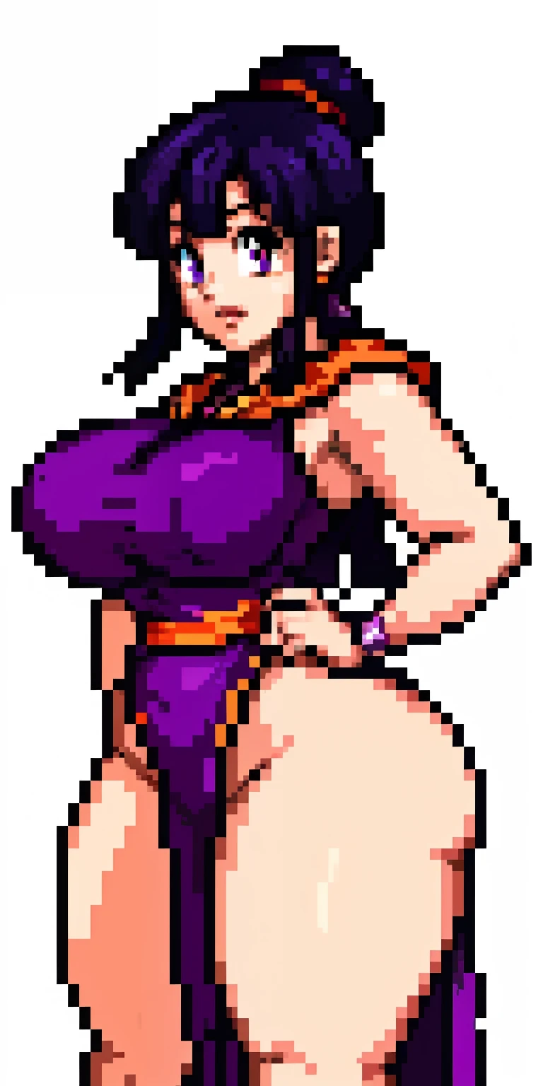 chichi_dbz, nsfw, pixelart, pixel art, perfect eyes, beautiful eyes, standing, solo, large_breasts, Purple_Dress_Orange_Neckerchief, masterpiece, best quality, detailed face, detailed eyes, highres, big breasts, biggest behind, areola under dress, big ass, thick thighs, wide hips, tight thong, buttcrack showing ass, perfect body, perfect clothing,
