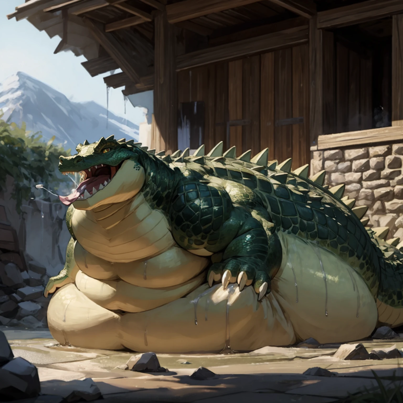 ((((A very obese emerald-colored crocodile, Crocodile facing backwards, Emerald scales, Buttocks up, A lot of poop, Backward composition, feral, on all fours, tail up, anal poop)))), Wild ferocious crocodile, Spiky scales all over the body, A glittering silver mane, Very short legs, Screaming facial expression, Roaring crocodile face, Backward body, Reptile Eyes, Longitudinal pupils, A body covered with a lot of fat, Abnormally obese head, A lot of fat on the neck, A belly so obese it covers the ground, Fat gap, Abdomen swollen enough to touch the ground, A huge, mountain-like swollen abdomen, Abnormally fat arms, Overweight and flabby legs, A body that seems to be crushed by a huge abdomen, A body that fills the screen, Rubble background, All fours pose, Wet scales all over the body, Soaking wet, ((((feral, three-quarter rear view))))