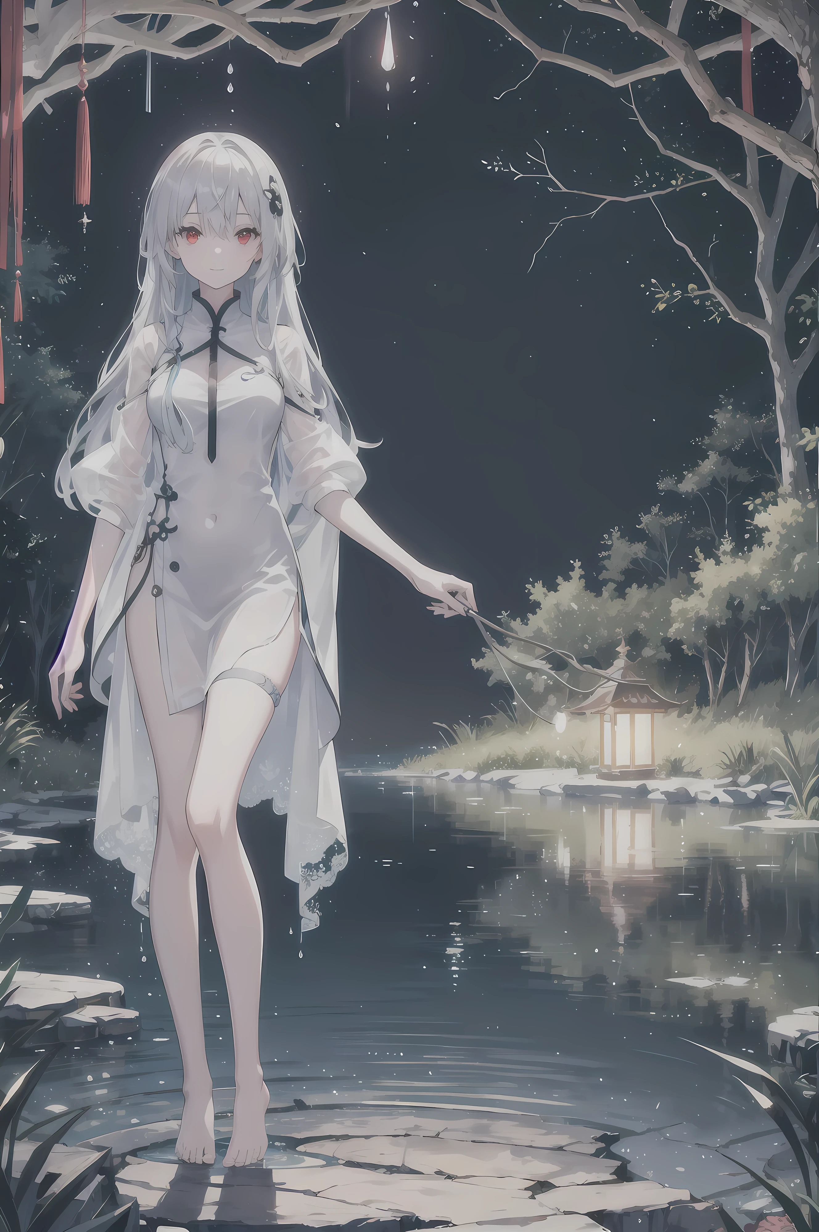 Dreamy and beautiful moonlight in the dark forest。View of a 15-year-old girl from above。(wet silver hair and red eyes)。smile slightly。She wore only a long transparent white cloth with beautiful lace trim。Soak the cloth in water。(splashing in the dark forest lake at night)。(Hair or clothes are wet)。splash。Wet strands of hair。dripping water drops。Fantastic fireflies floating in the air、Light also reflects from water。near method and far method。glitter effects。Dynamic composition with depth。extremely high quality、High level of image quality、extremely delicate。Rare workmanship,round,Room, firm breasts),barefoot,float,water surface,(long legs,long legs,long legs,Gestalt),full-body shot。standing posture