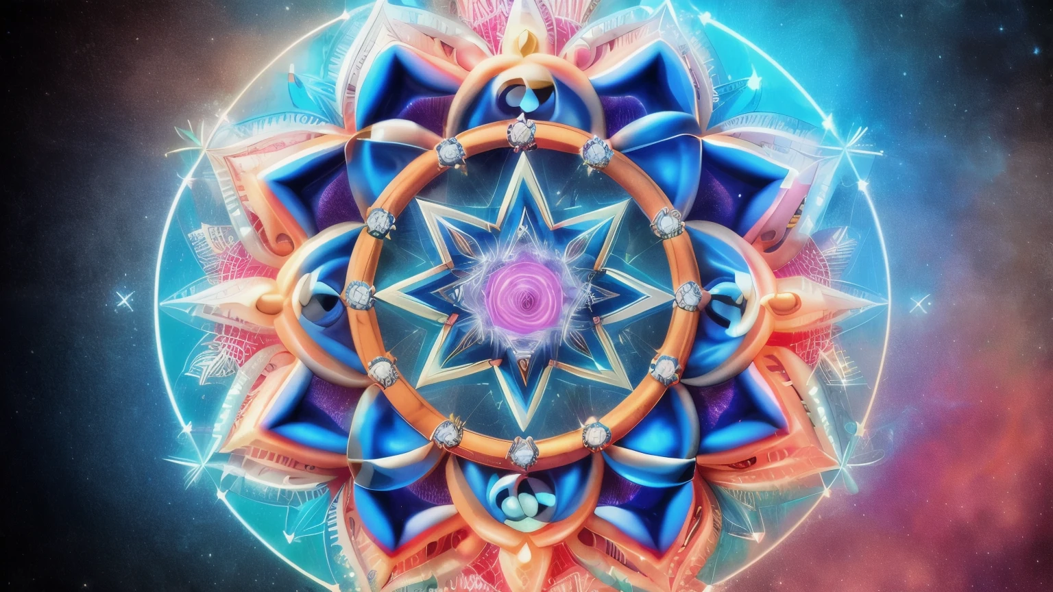 a circular image of a star with a blue center surrounded by stars, geometry and astrology, astral appearance, sacred geometry, intricate galactic designs, sacred fractal structures, epic shamanic dmt art, galactic dmt entity, visionary art style, overlaid sacred geometry, mystical cosmic messenger, mind-boggling cosmic geometry, fractal sacred geometry, humanity like cosmic structure, 8k,hight quality