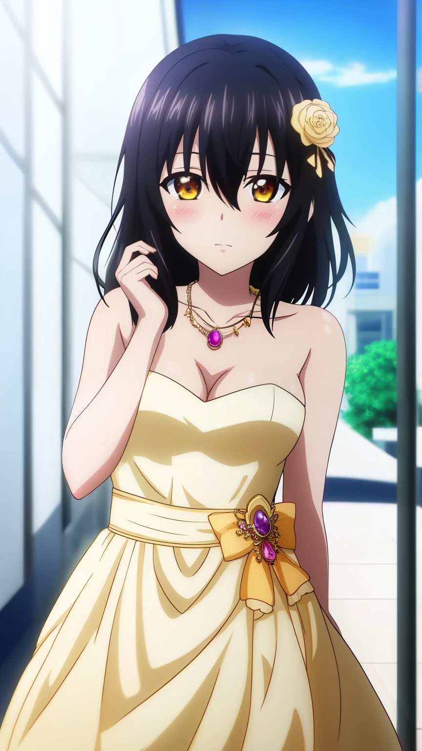 (highest quality, 8k, masterpiece: 1.2), animeアートスタイル, Very detailed, Hyper Detail,anime_Coloring, Yukina, One girl, alone, length_hair, blush, 前hair, black_hair, hair_ornament, dress, hair_between_eye, jewelry, Moderate_chest,  clavicle, yellow_eye, Shiny, necklace, white_dress, Shiny_hair, Strapless,Strapless_dress, 